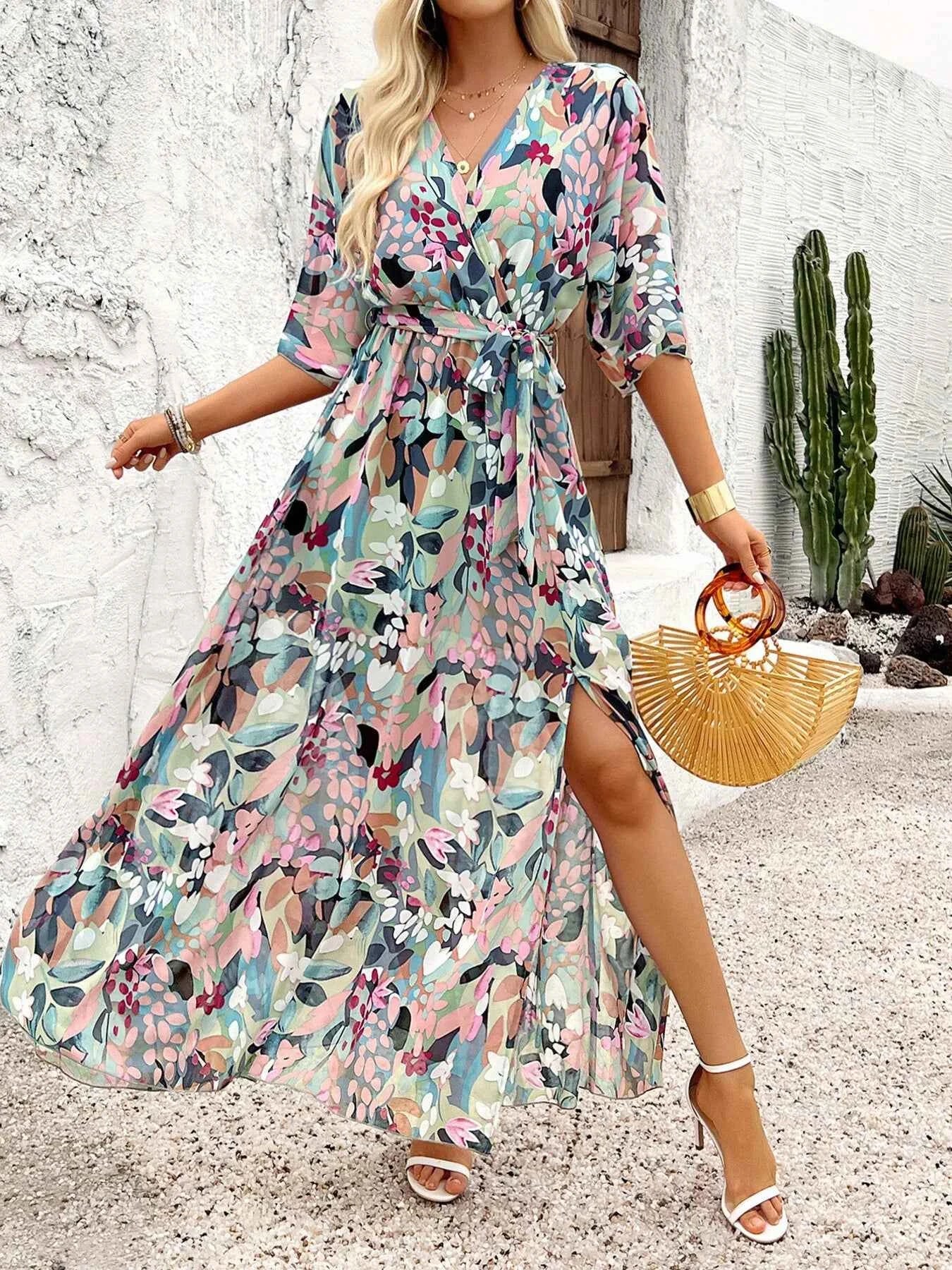 Slit Printed Surplice Maxi Dress with Half Sleeves.