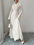 Ribbed Knit Long Sleeve Maxi Dress with Collar.