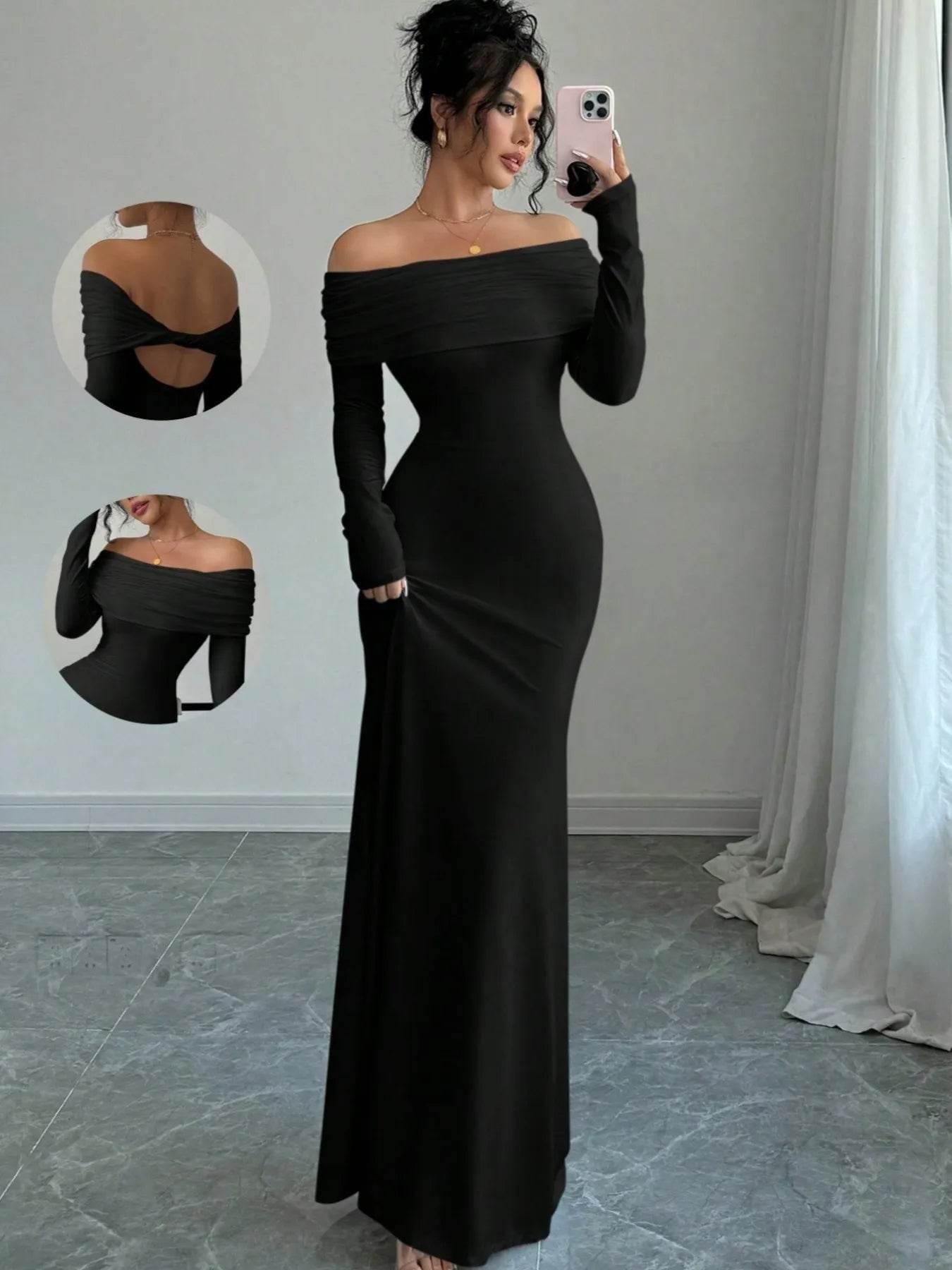 Off-Shoulder Long Sleeve Bodycon Maxi Dress.