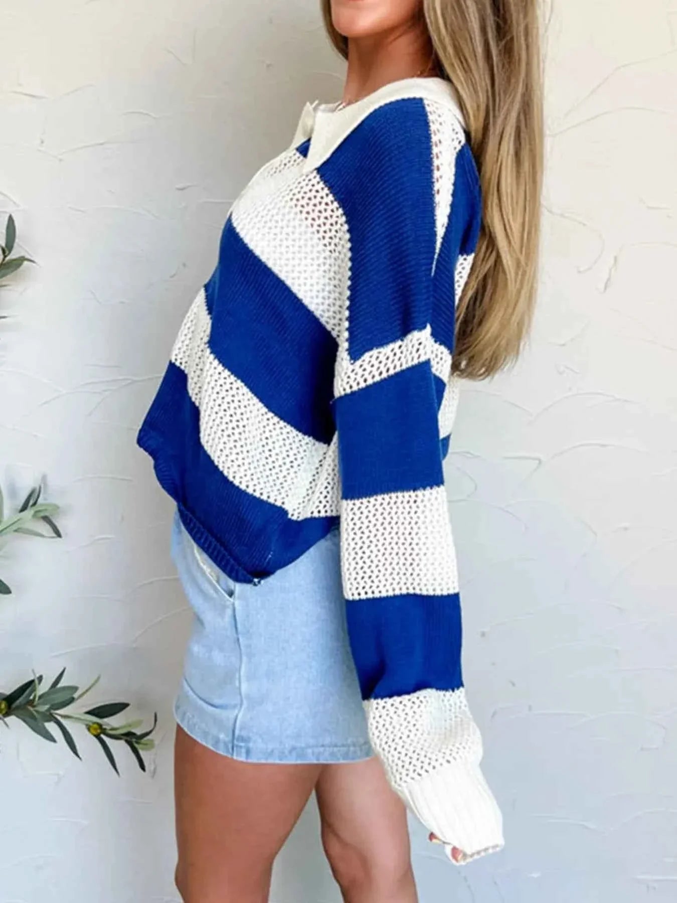 Stripe Colorblock Polo Collar Crochet Knitted Cover Up.