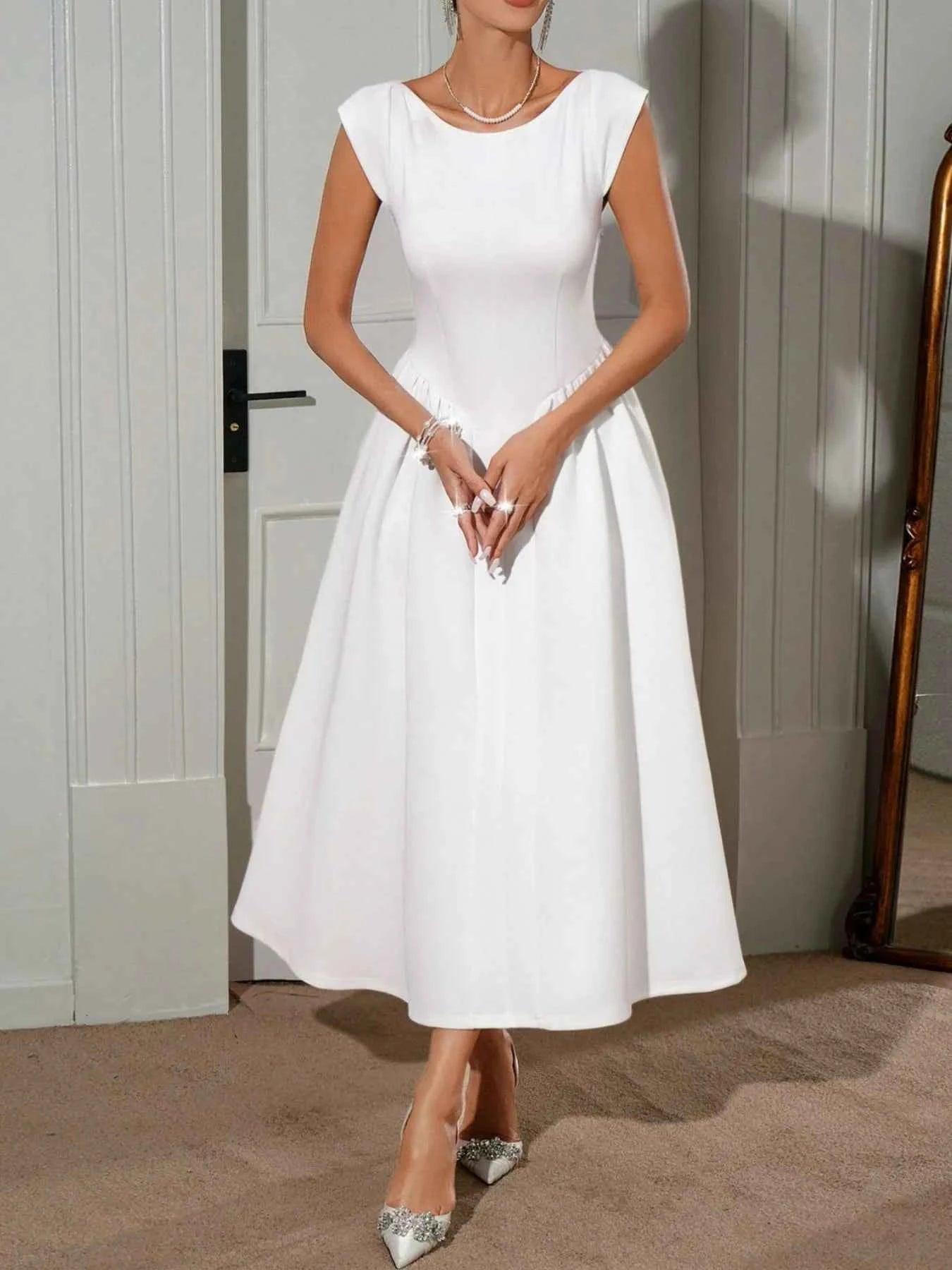 Round Neck Cap Sleeve Midi Dress.