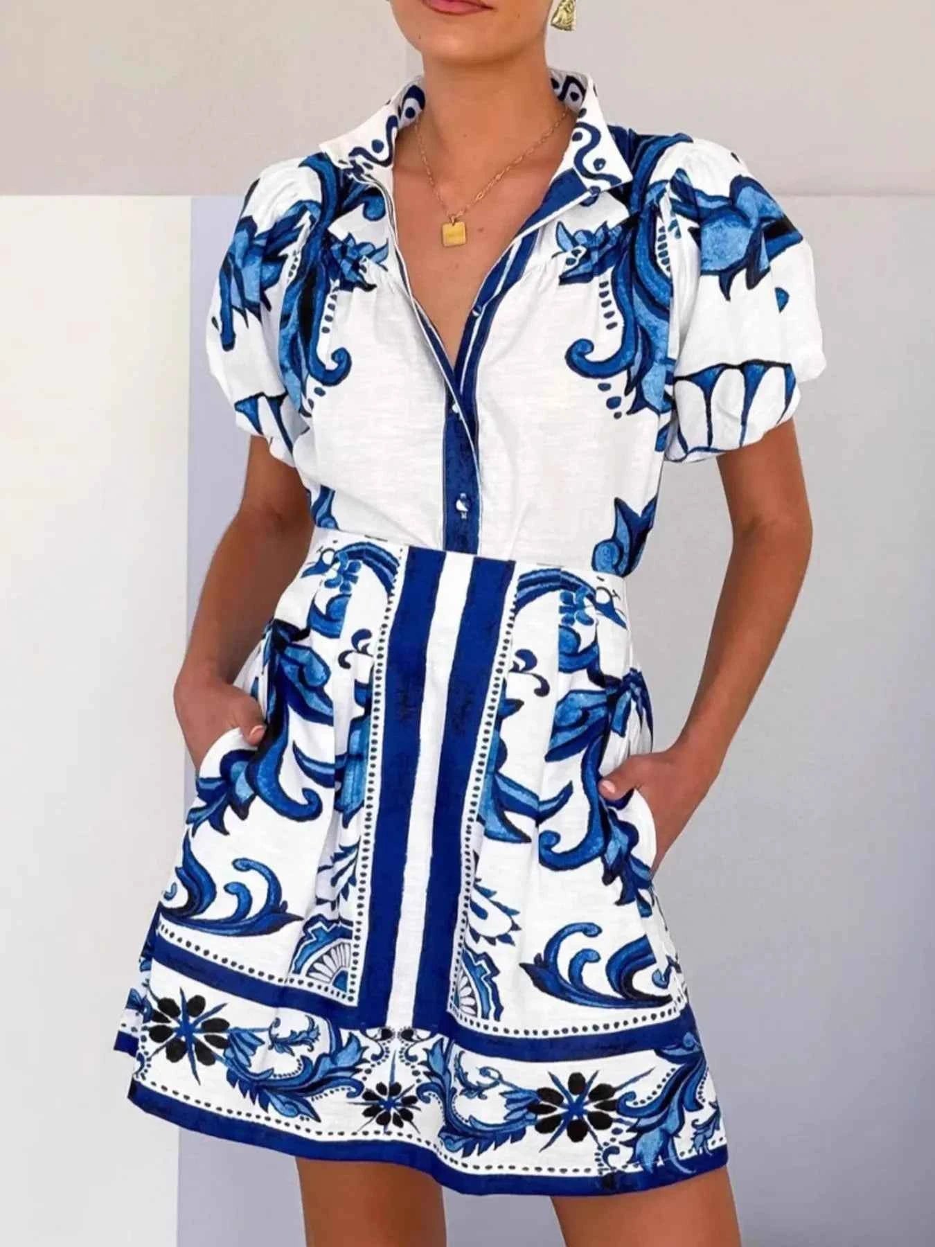 Printed Puff Sleeve Top and Skirt Set.