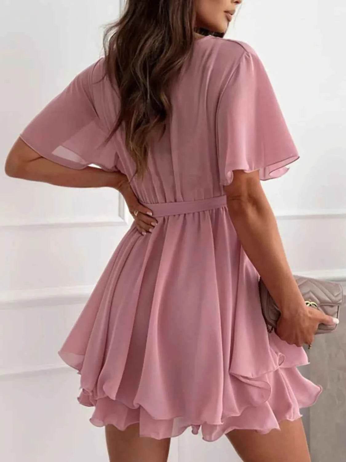 Surplice Flutter Sleeve Mini Dress.