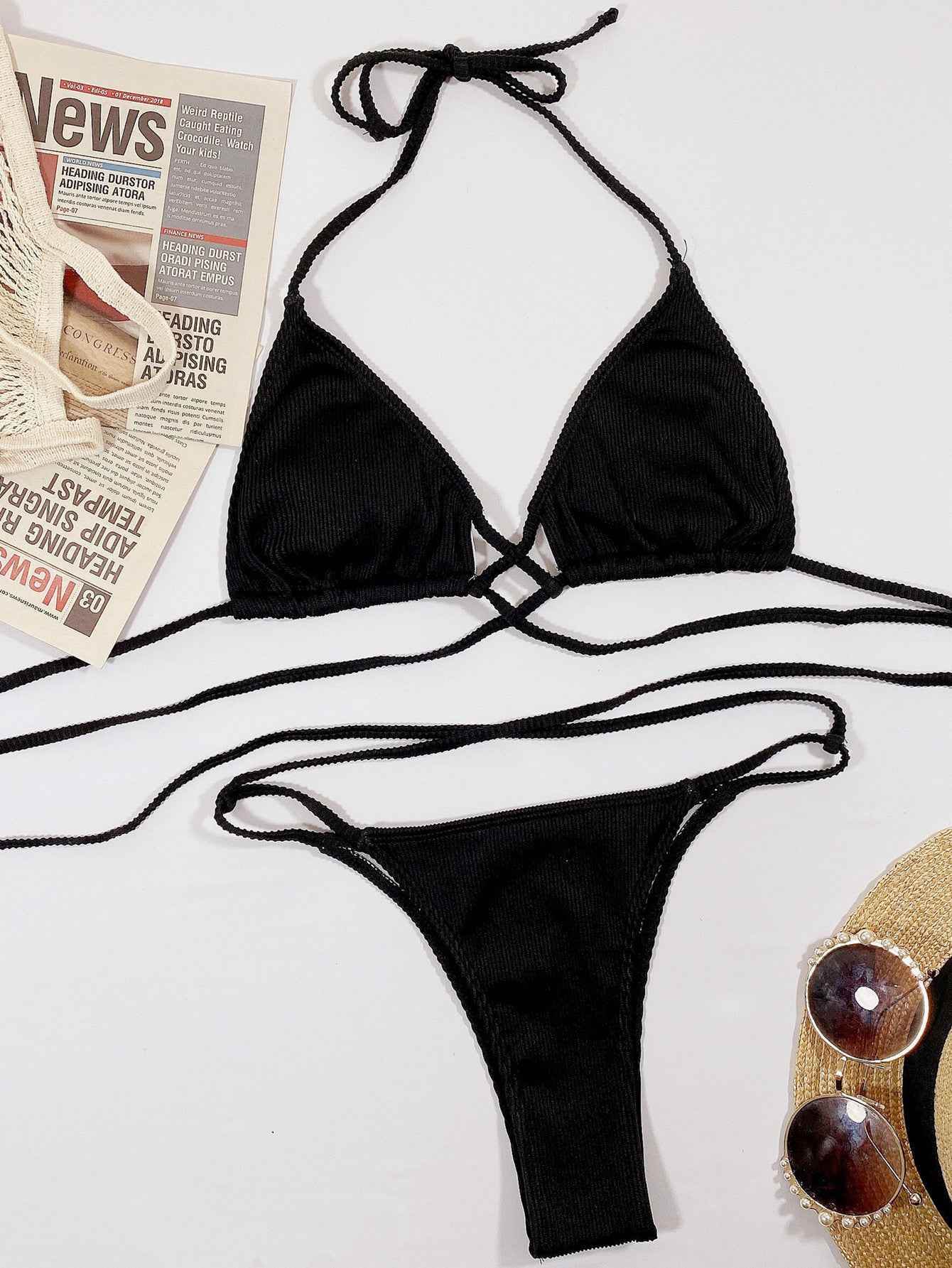 Halter Neck Crisscross Ribbed Bikini Set.