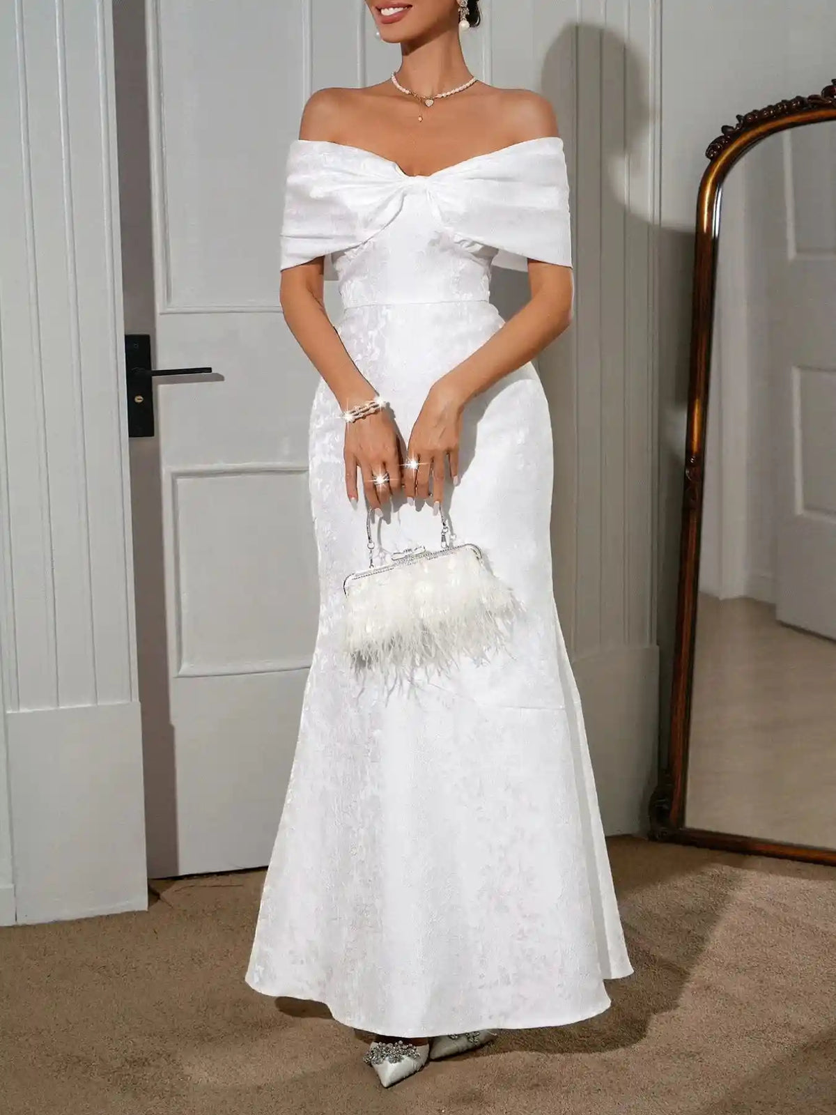 Bow Off-Shoulder Maxi Dress.