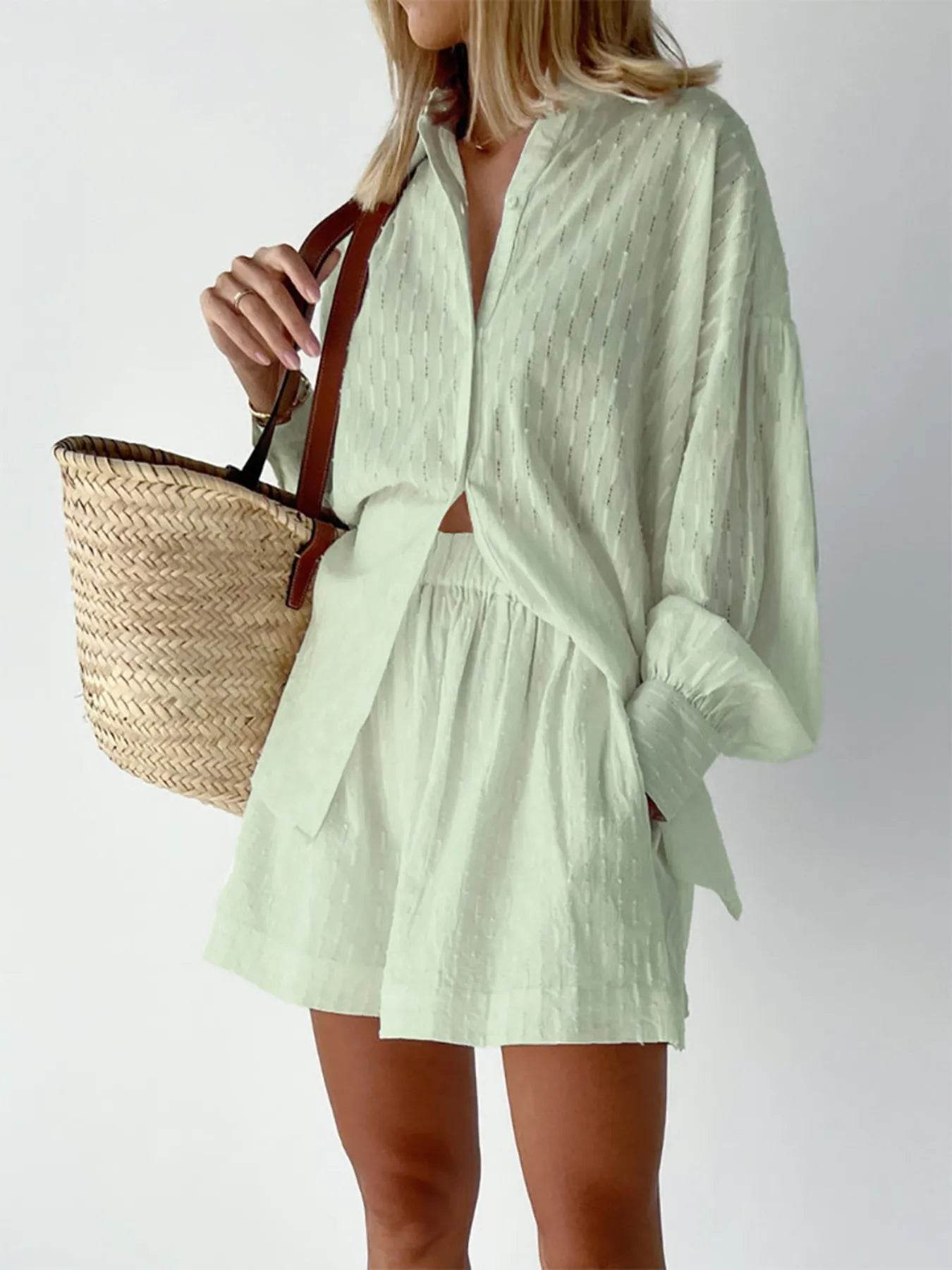 Textured Button-Up Shirt and Shorts Set - EBYNN