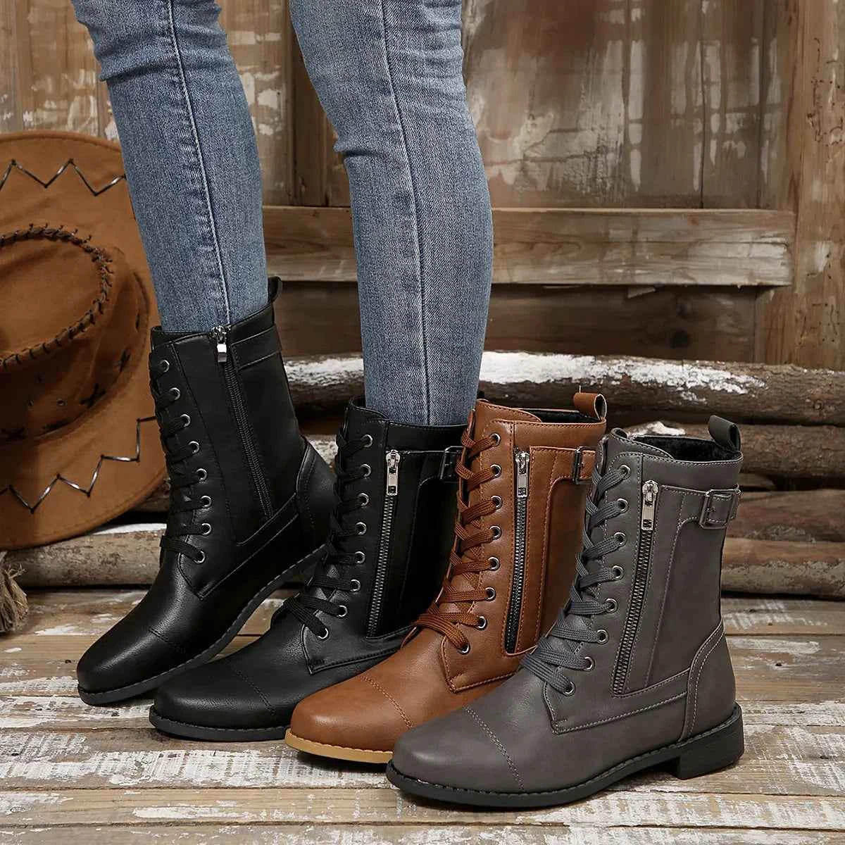 Round Toe Lace-Up Block Heels Boots.