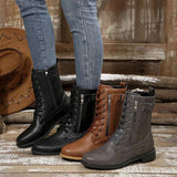 Round Toe Lace-Up Block Heels Boots.
