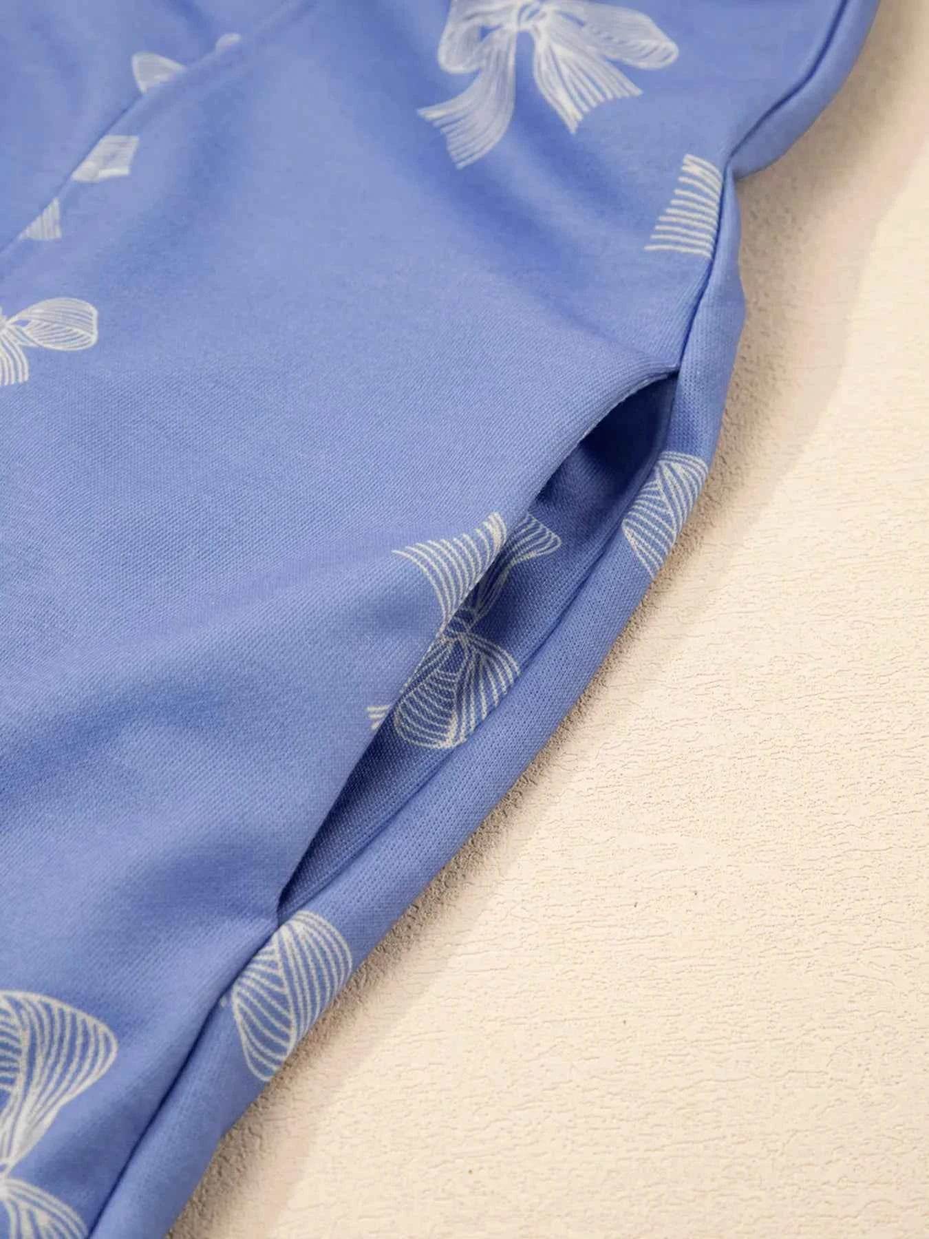 Bow Knot Print Ruffled Sleeve Crewneck Mini Dress.