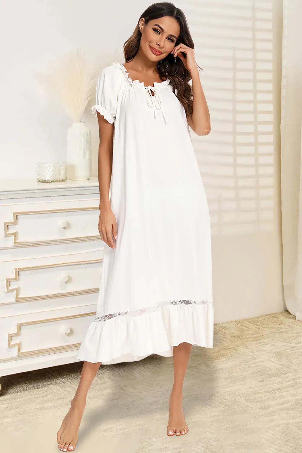 Lace Detail Short Sleeve Lounge Dress.