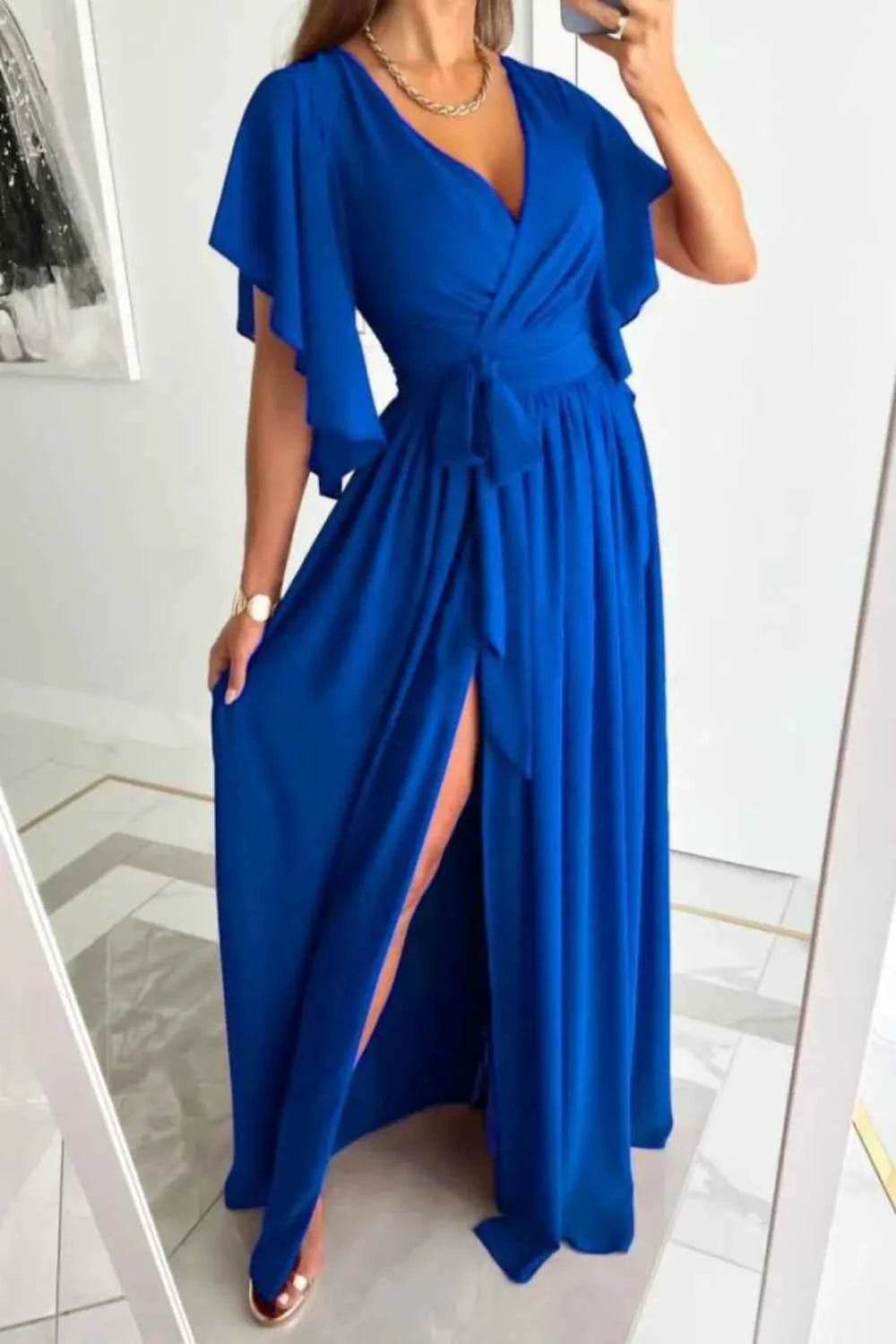 Surplice Flutter Sleeve Maxi Dress.