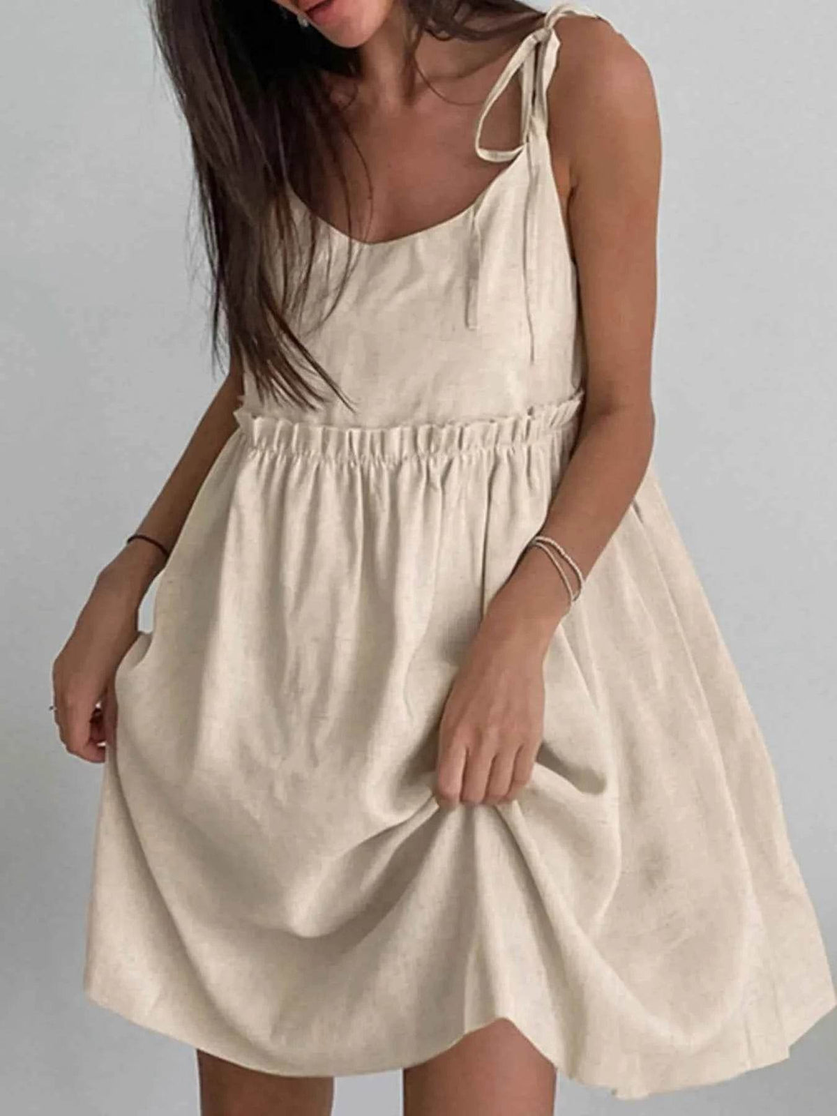 Tie-Shoulder Frill Mini Dress.