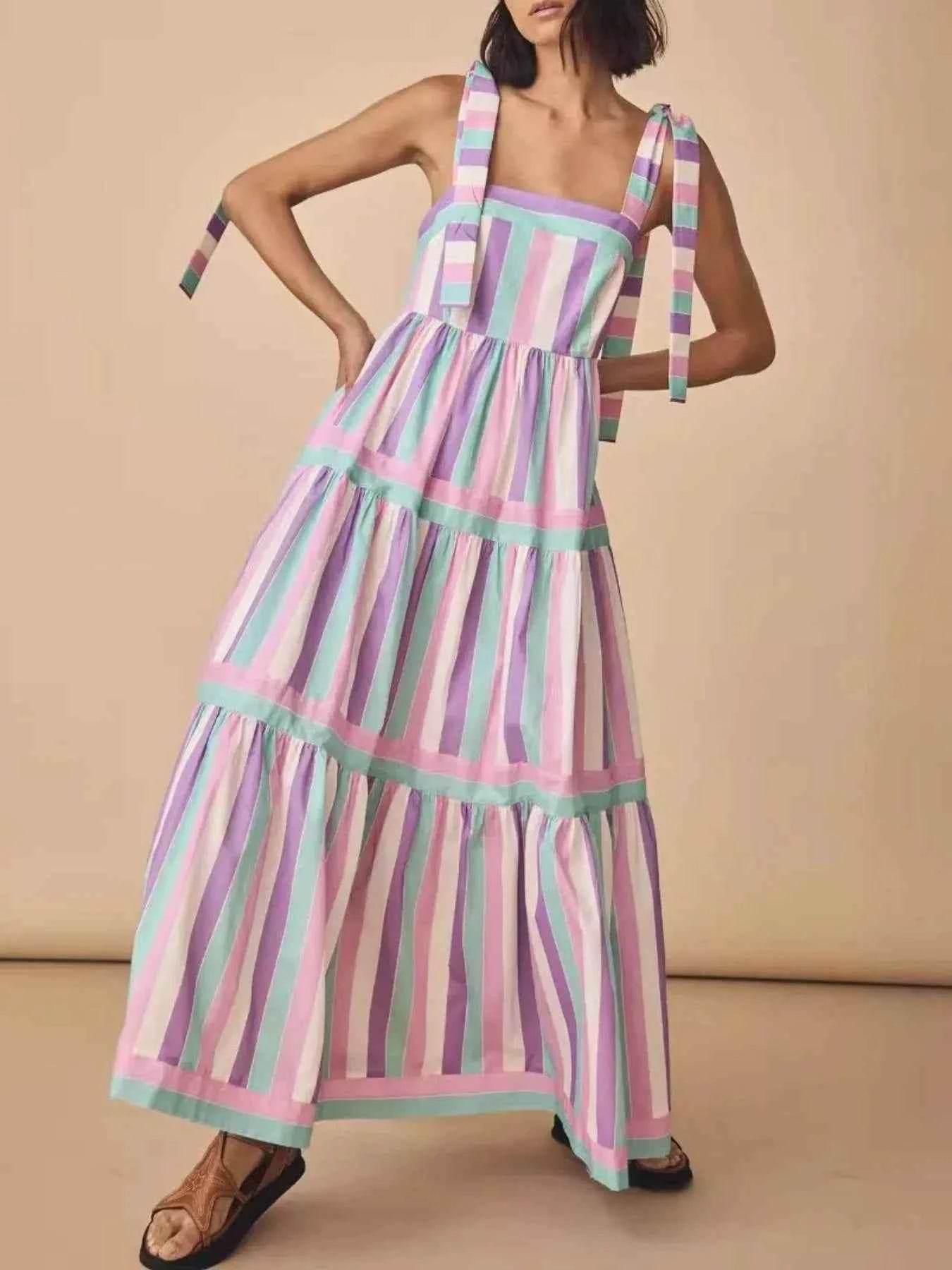 Striped Tiered Maxi Summer Dress with Bow Shoulder Ties.