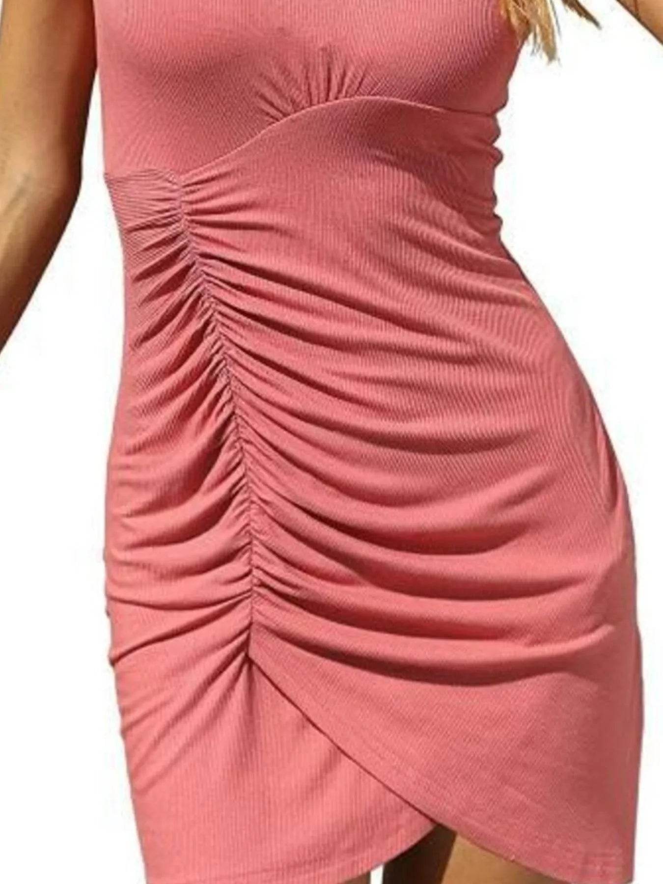 Plus Size Ruched Round Neck Sleeveless Dress.