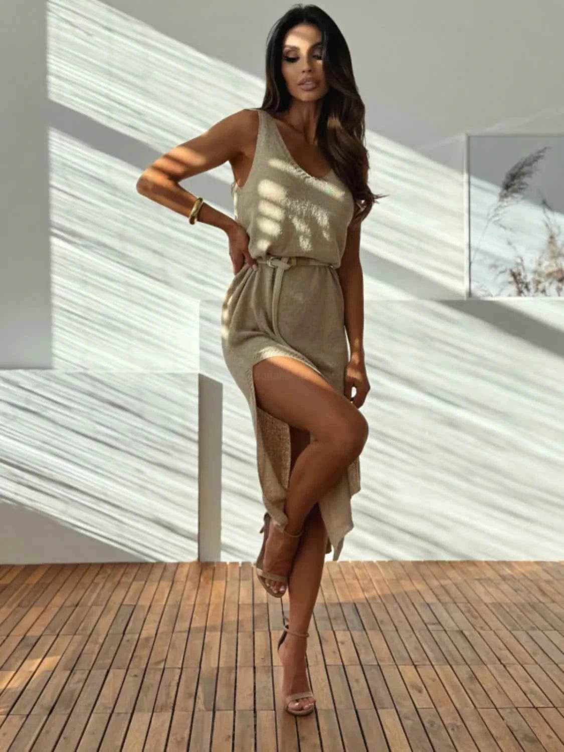 Slit V-Neck Sleeveless Sweater Dress.