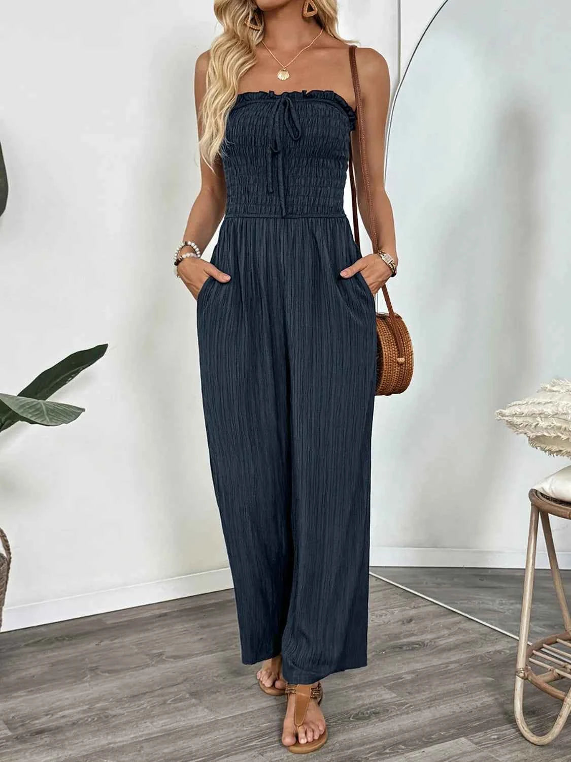 Smocked Tube Wide Leg Jumpsuit.
