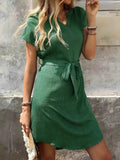 Notched Short Sleeve Tie Waist Dress.