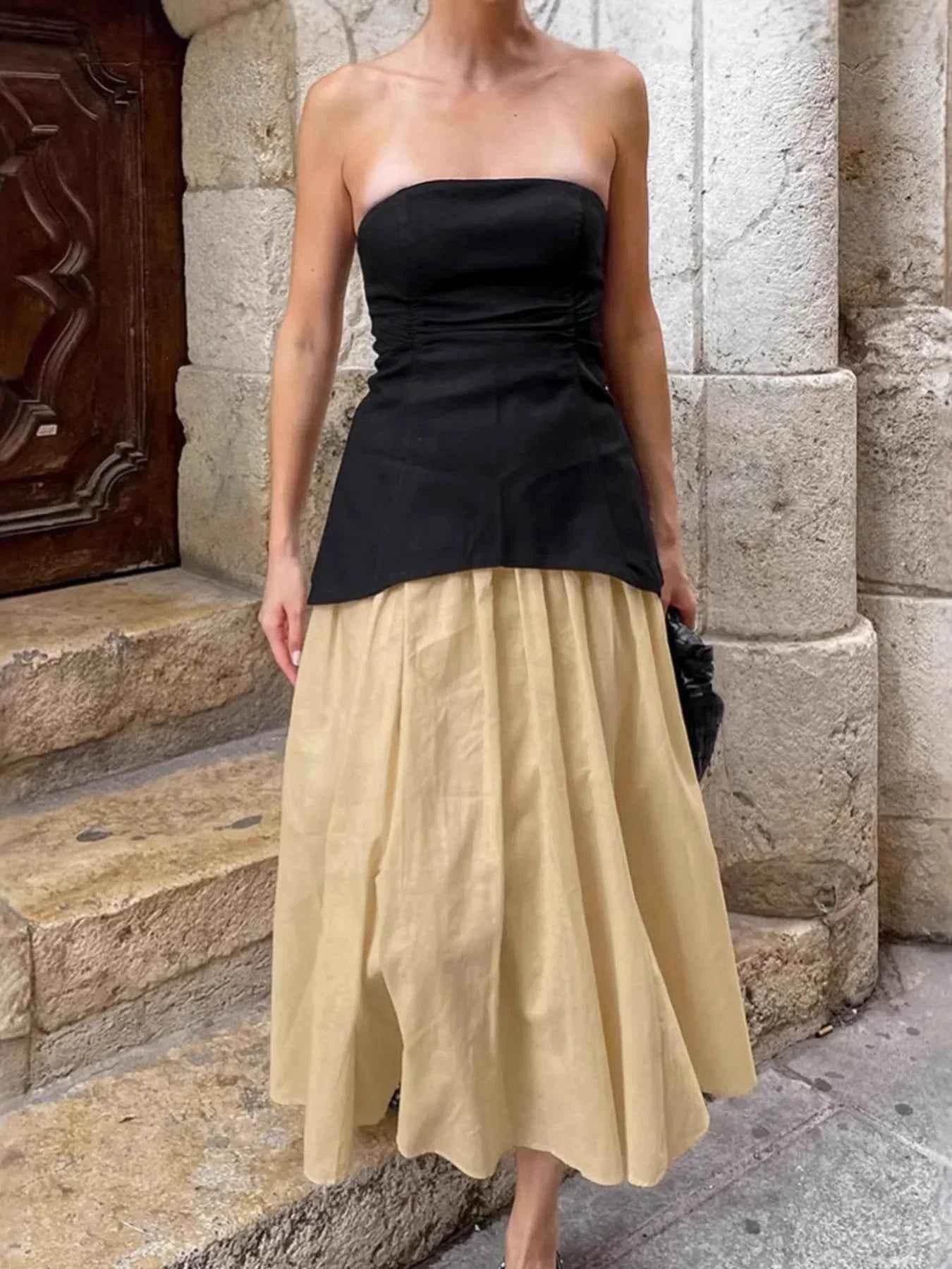 Back Zipper Tube Top Set with Midi Skirt for Effortless Style - EBYNN