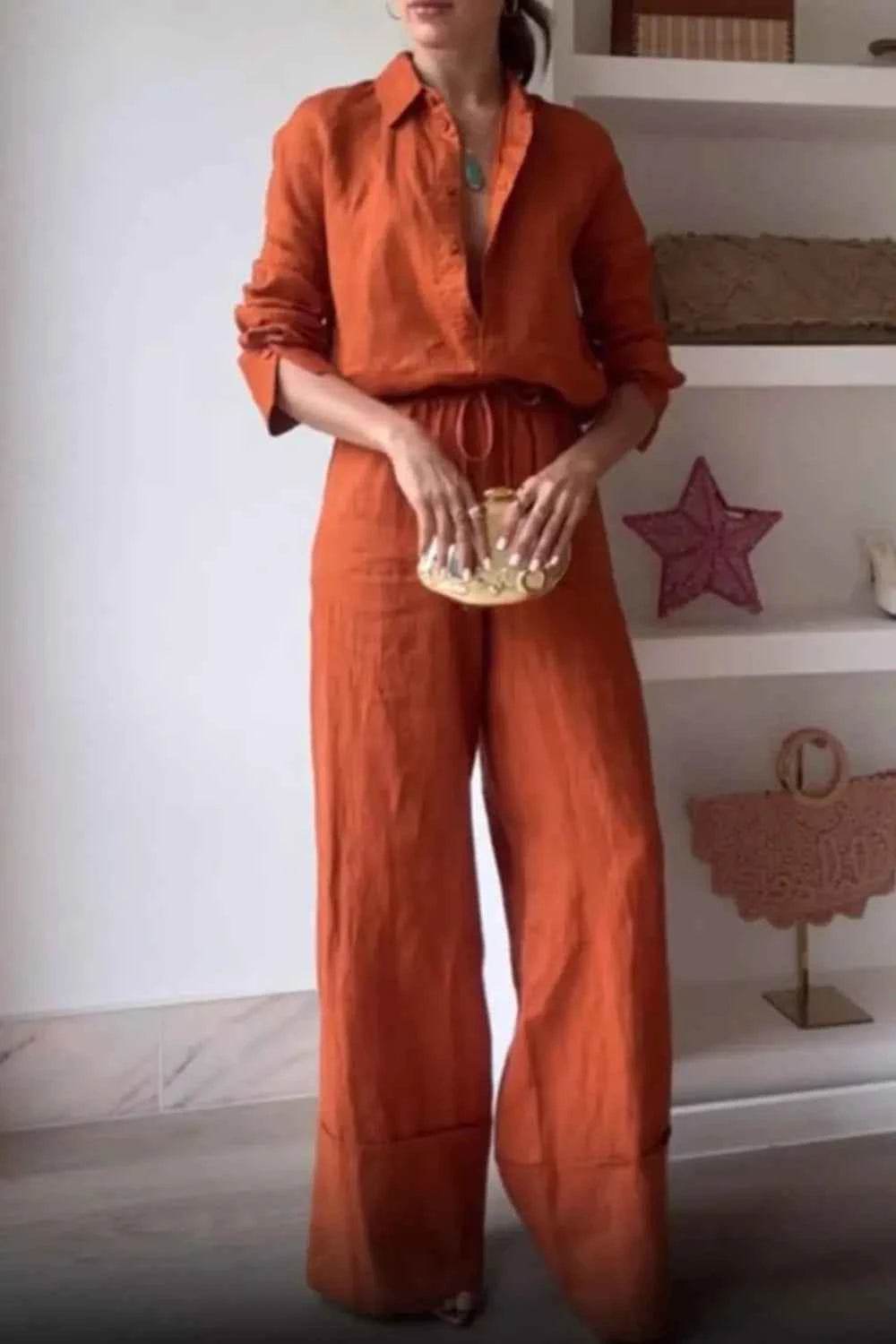 Button Down Shirt and Drawstring Pants Set - EBYNN