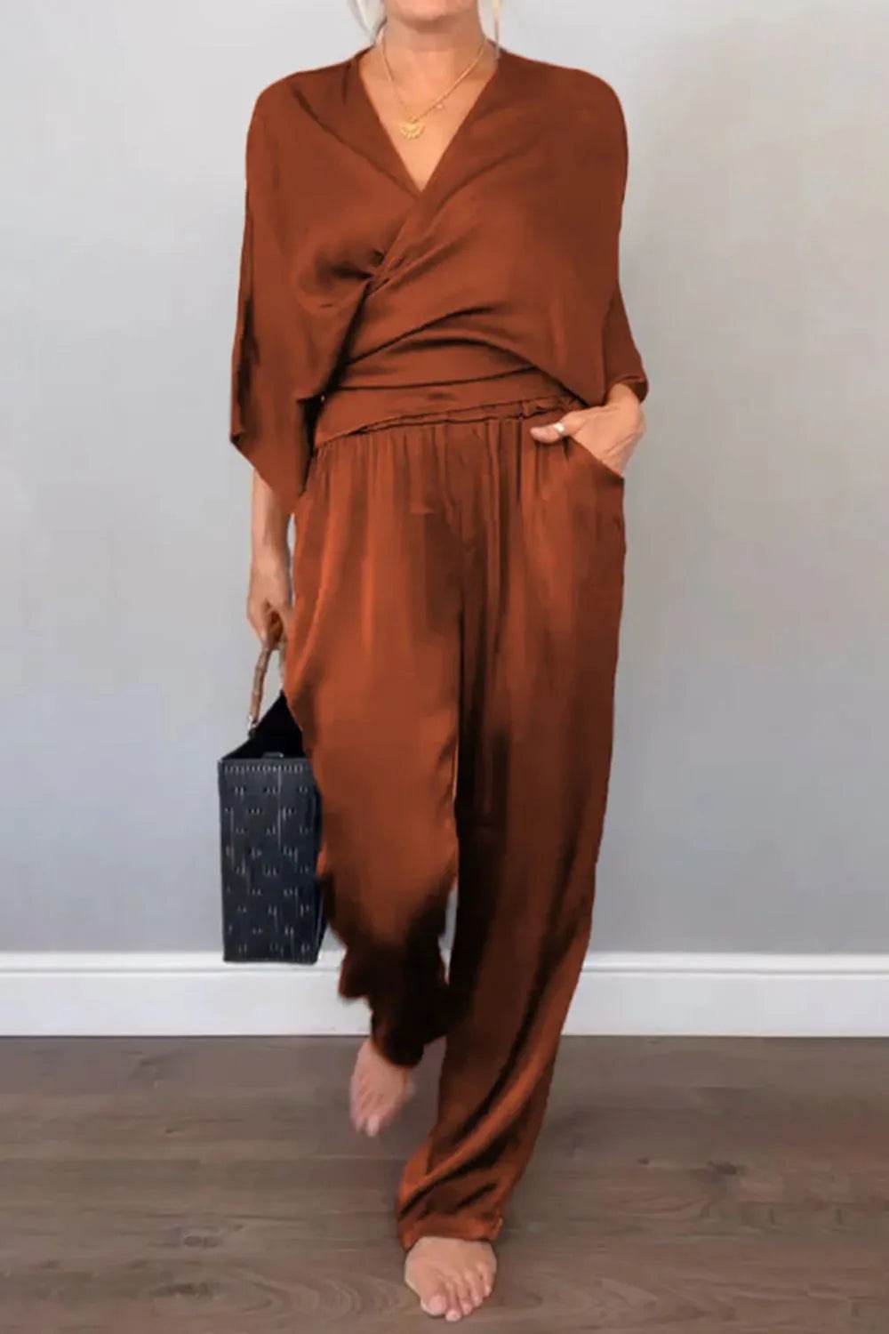 Plus Size Wrap Set - Stylish Surplice Top and Pants for Effortless Elegance - EBYNN