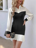 Two Tone Pleated Long Sleeve Shirt Dress.