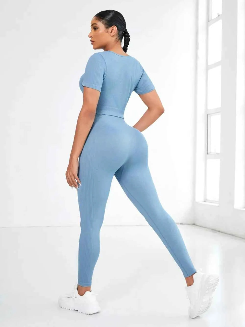 Round Neck Short Sleeve Top and Leggings Active Set.
