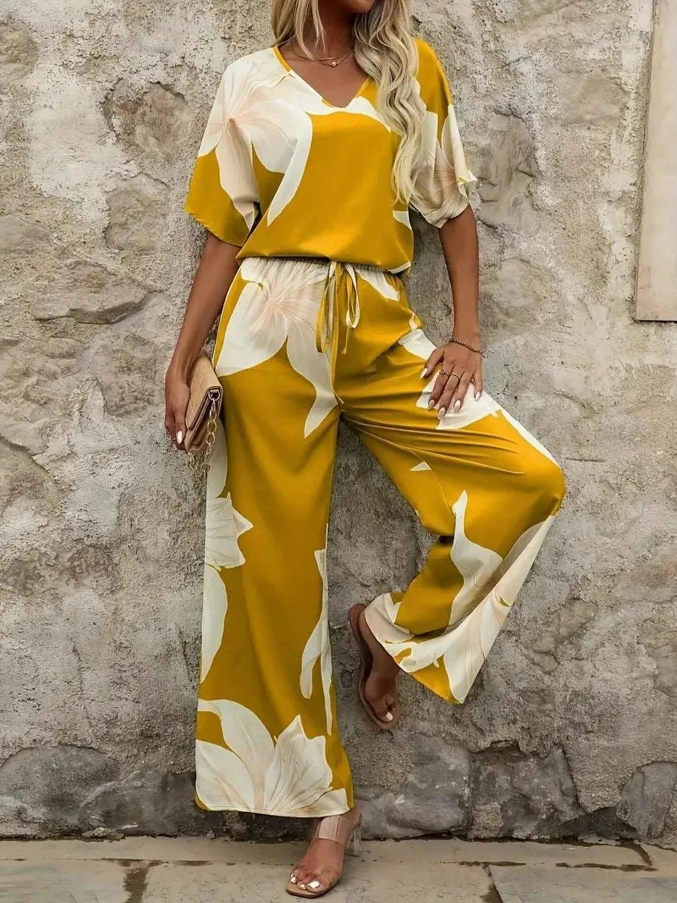 Printed V-Neck Top and Pants Set.