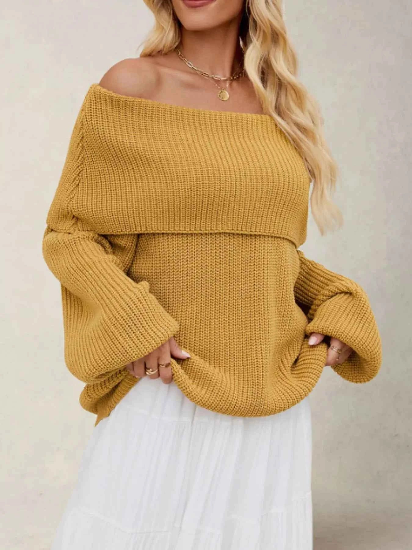 Fold-Over Collar Long Sleeve Sweater.