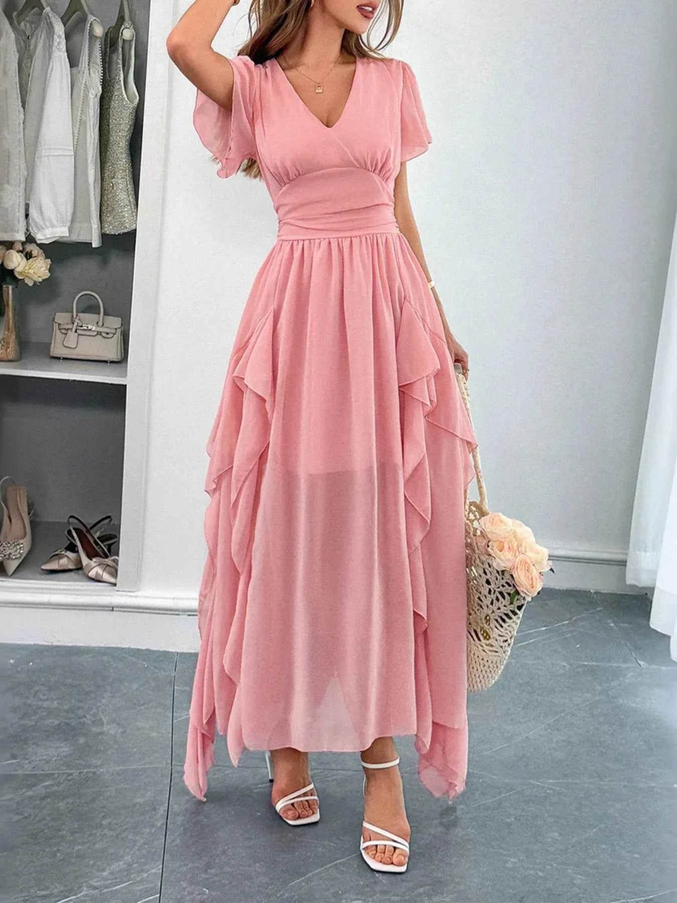 V-Neck Flutter Sleeve Dress.