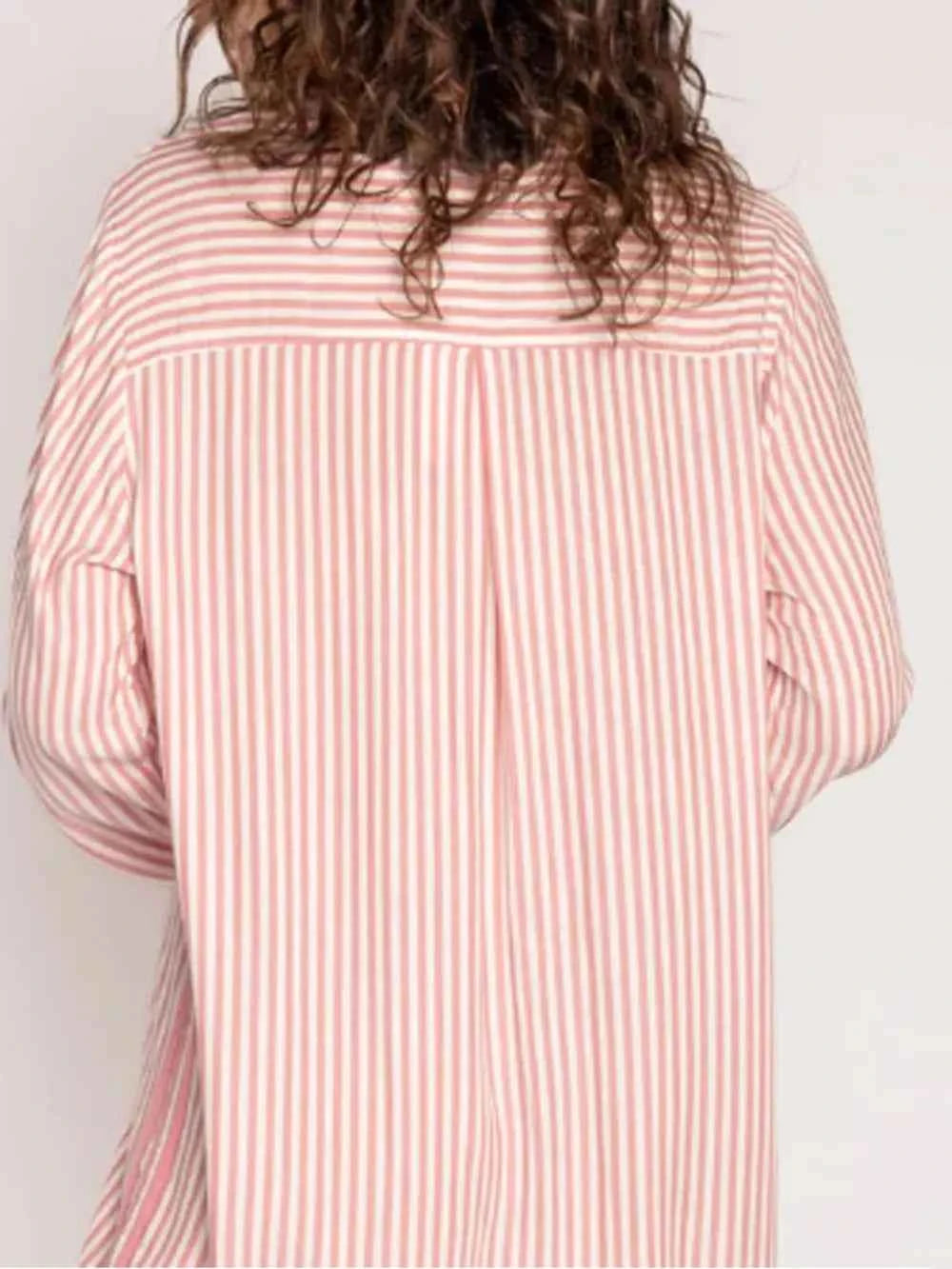 Striped Collared Neck Long Sleeve Top and Shorts Lounge Set.