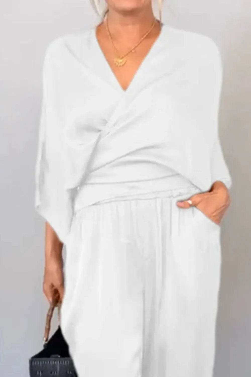 Plus Size Wrap Set - Stylish Surplice Top and Pants for Effortless Elegance - EBYNN