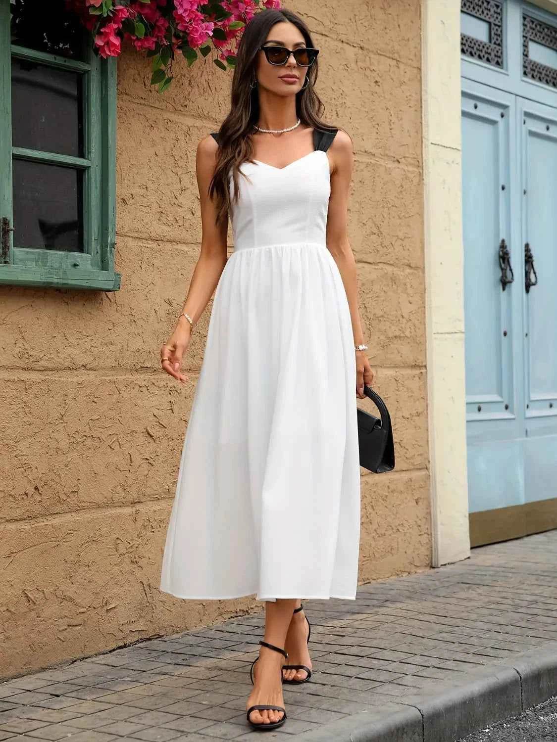 Sweetheart Neck Wide Strap Midi Dress.