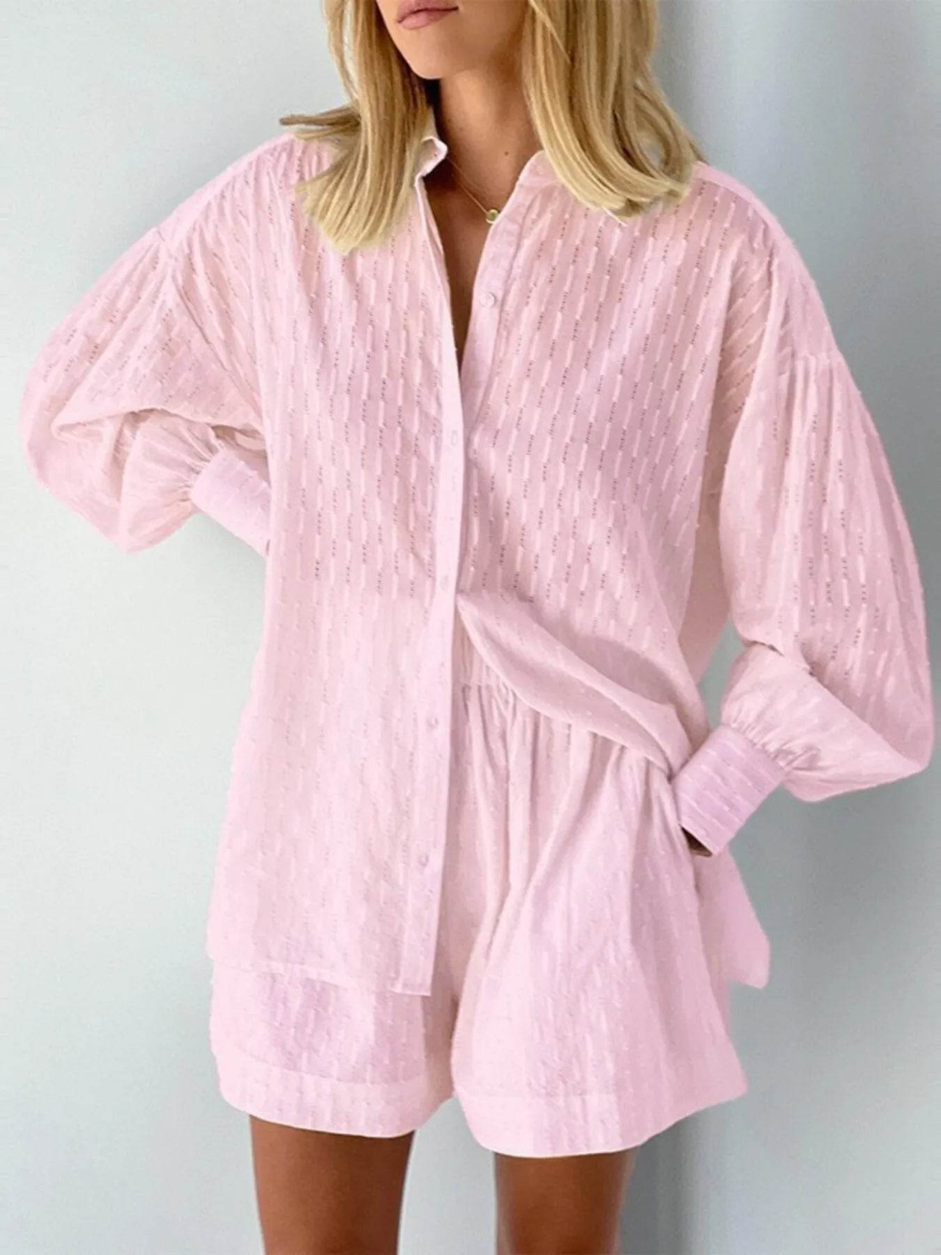 Textured Button-Up Shirt and Shorts Set - EBYNN