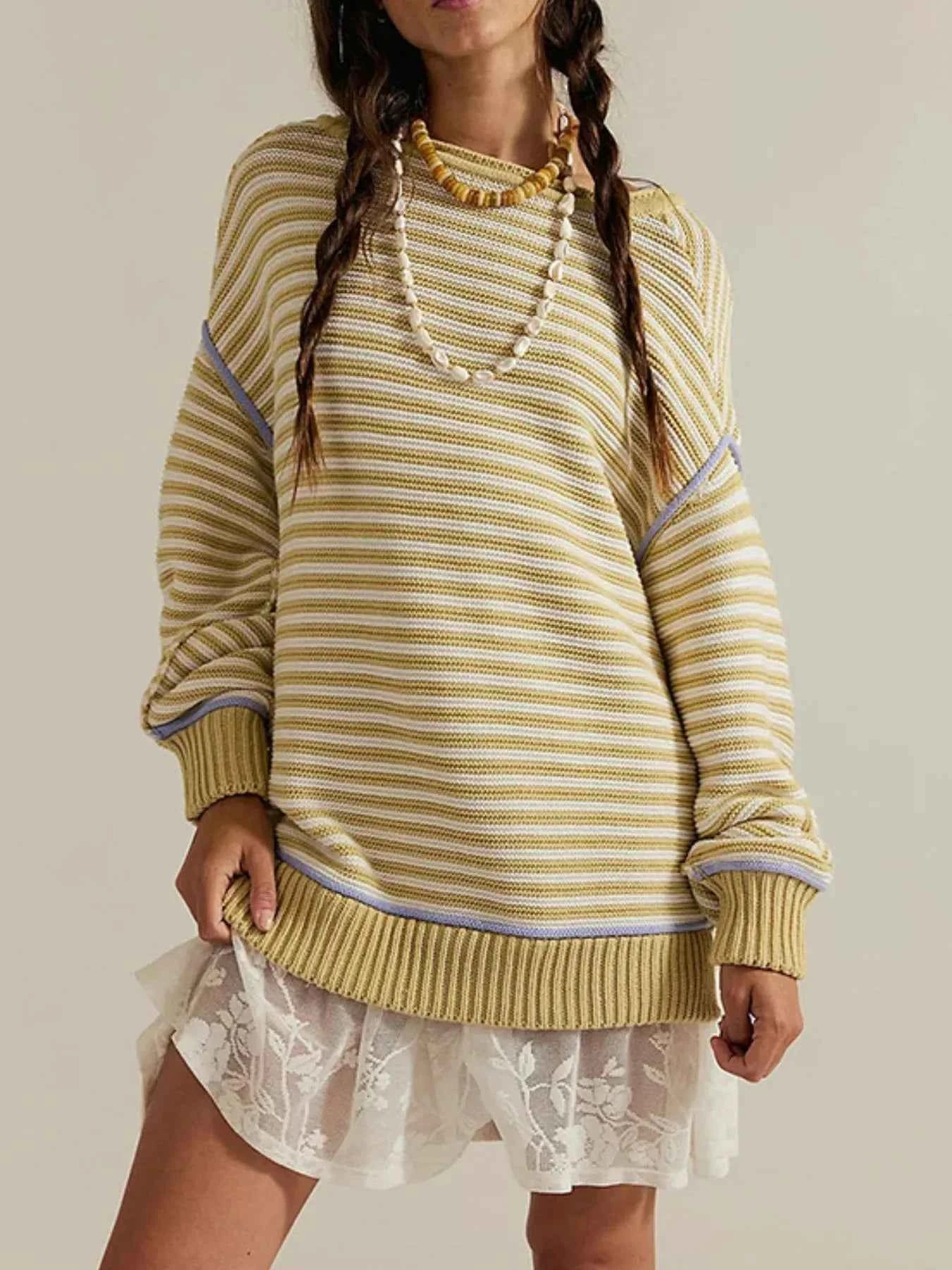 Slit Striped Oversized Sweater.