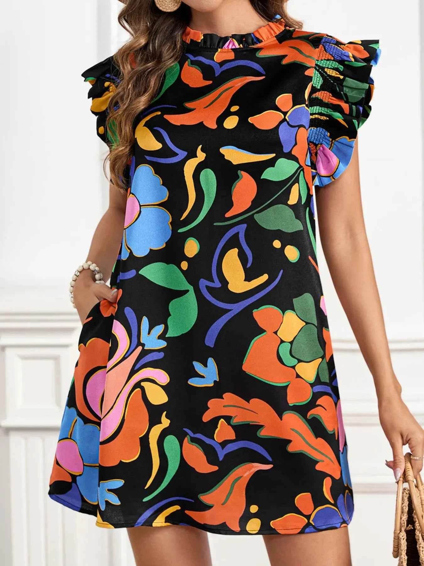 Printed Ruffle Sleeve Mini Dress.