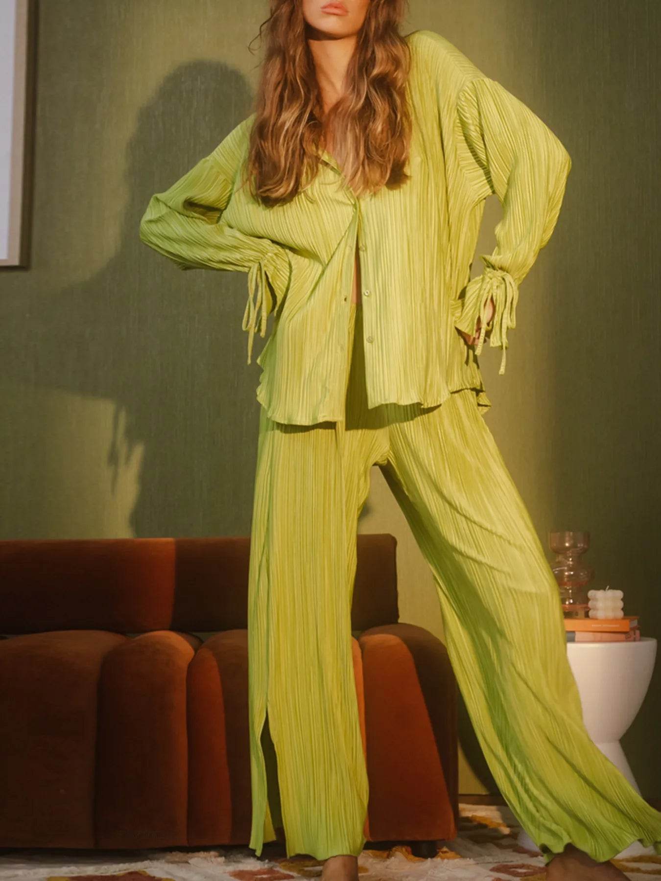 Button Up Long Sleeve Set with Pants - Stylish and Comfortable Outfit - EBYNN