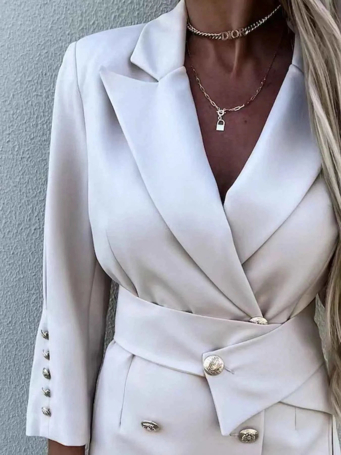 Double-Breasted Longline Blazer with Lapel Collar.