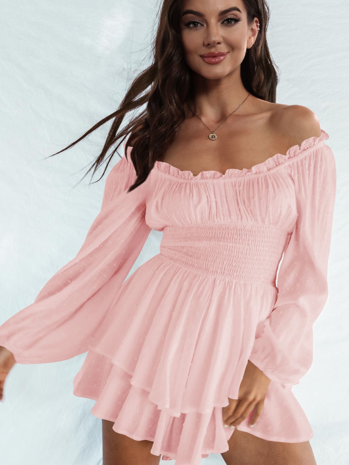 Off Shoulder Smocked Waist Mini Romper.