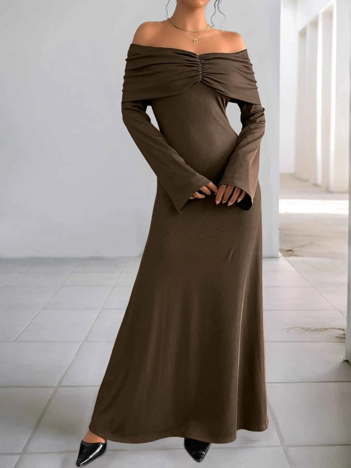 Off-Shoulder Long Sleeve Bodycon Maxi Dress.