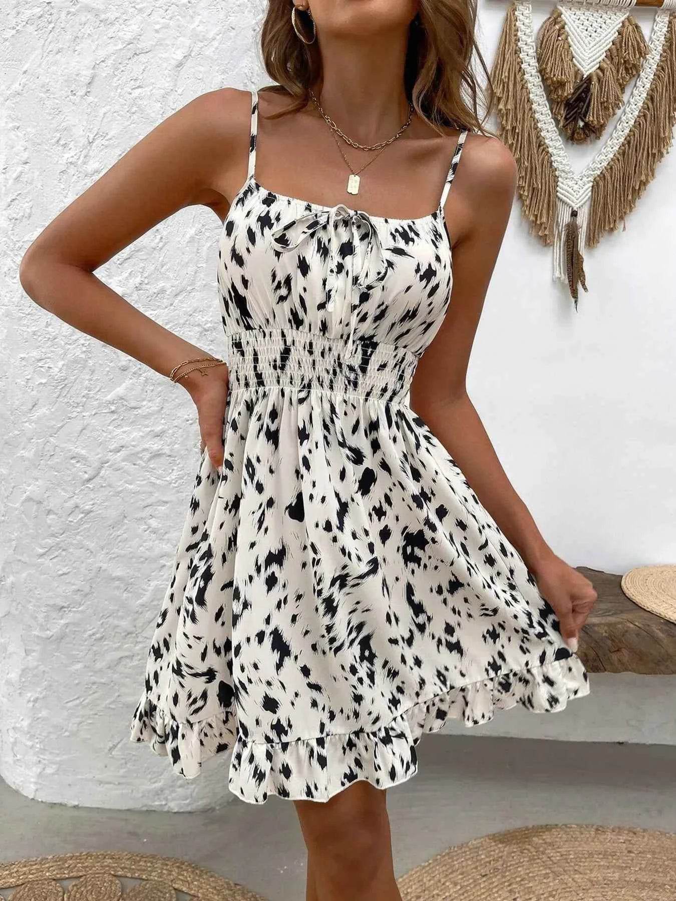 Smocked Printed Ruffled Hem Cami Dress.