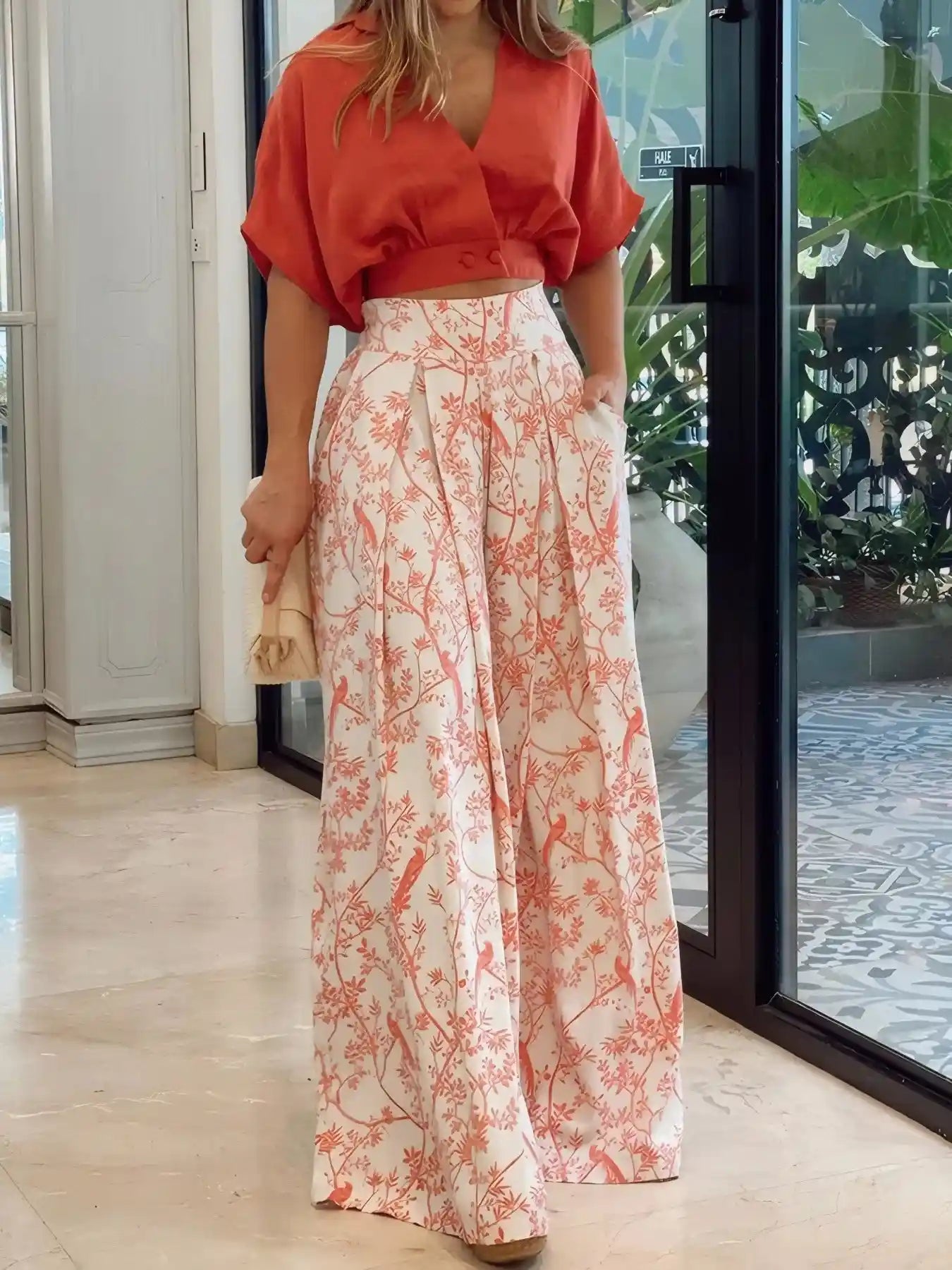 Surplice Top and High Waist Pants Set.