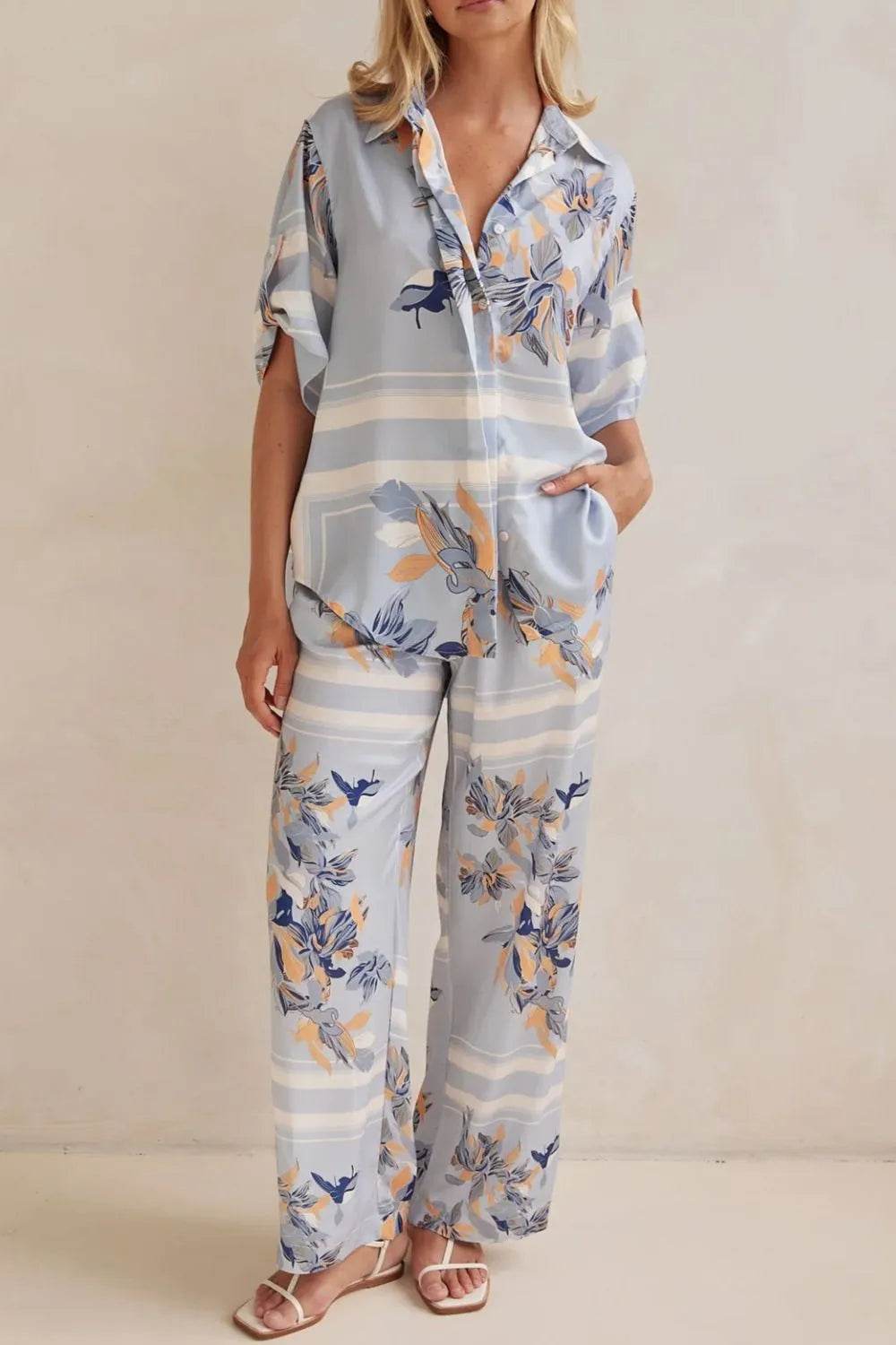 Printed Button Up Shirt and Pants Set - EBYNN