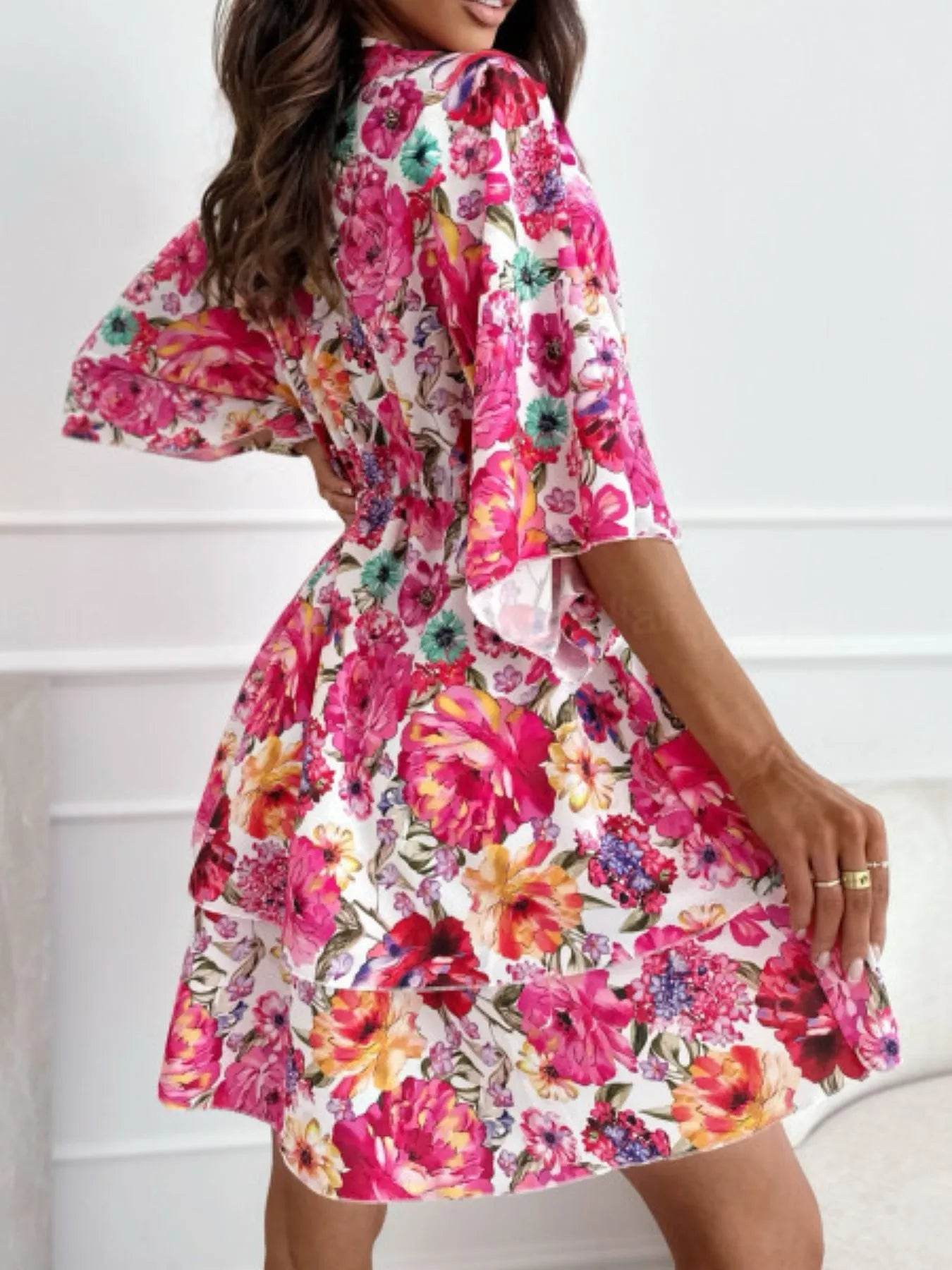 Floral Print V-Neck Ruffle Mini Dress.