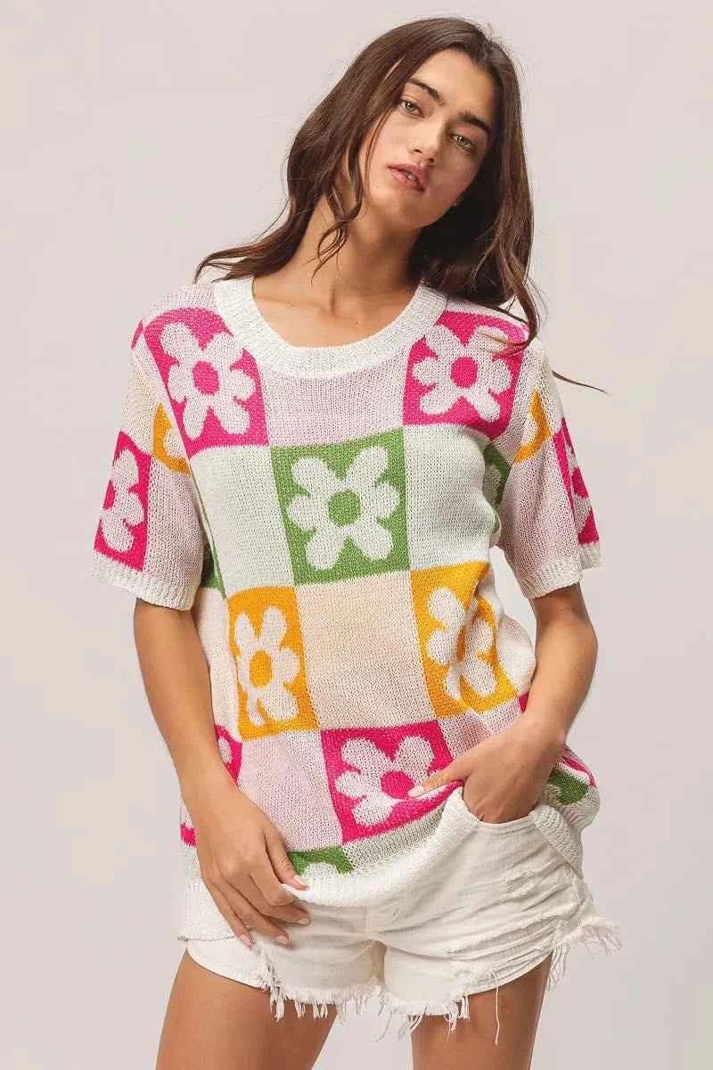 BiBi Floral Checker Pattern Lightweight Pullover Sweater.