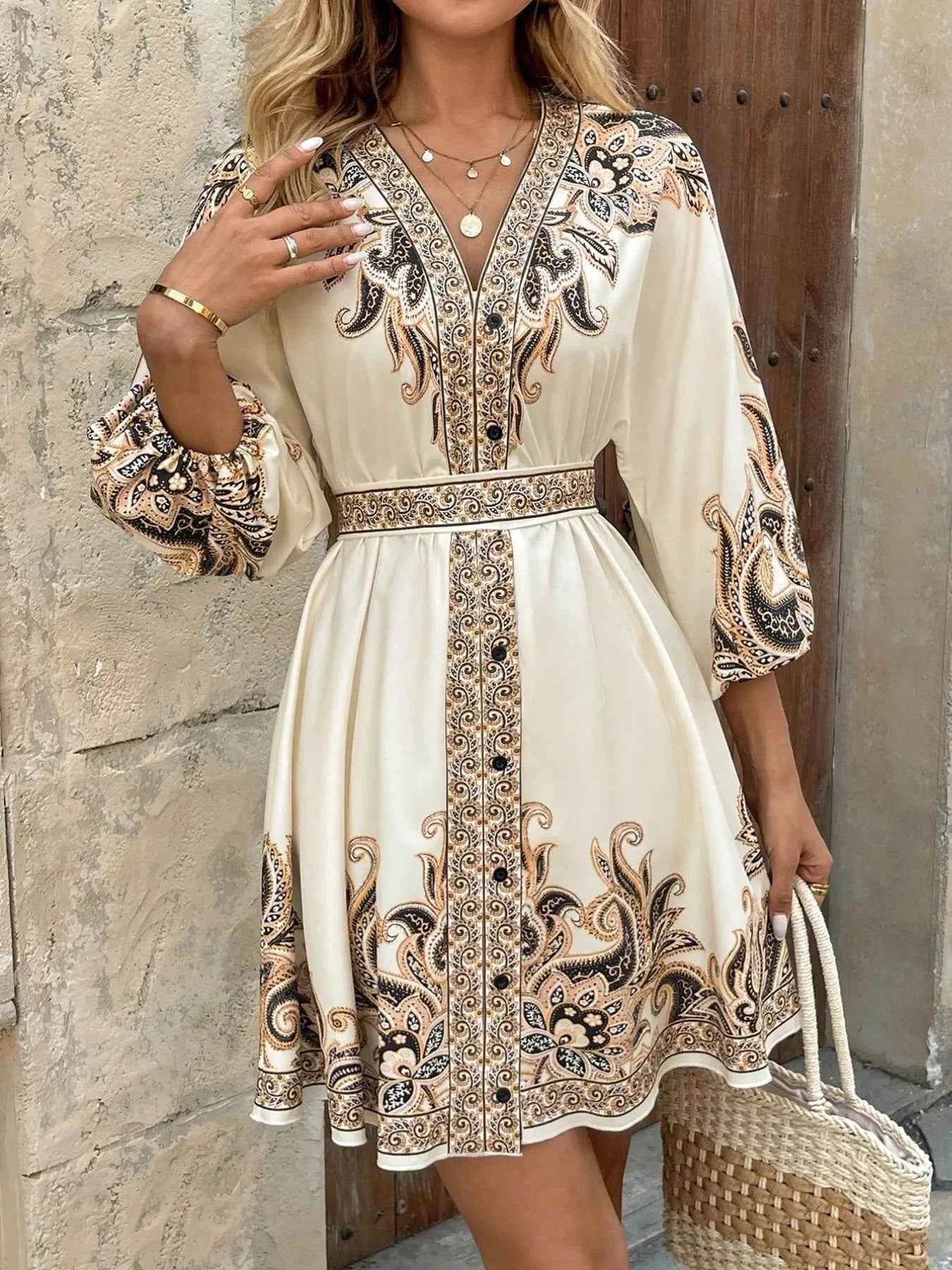 Printed V-Neck Balloon Sleeve Mini Dress.