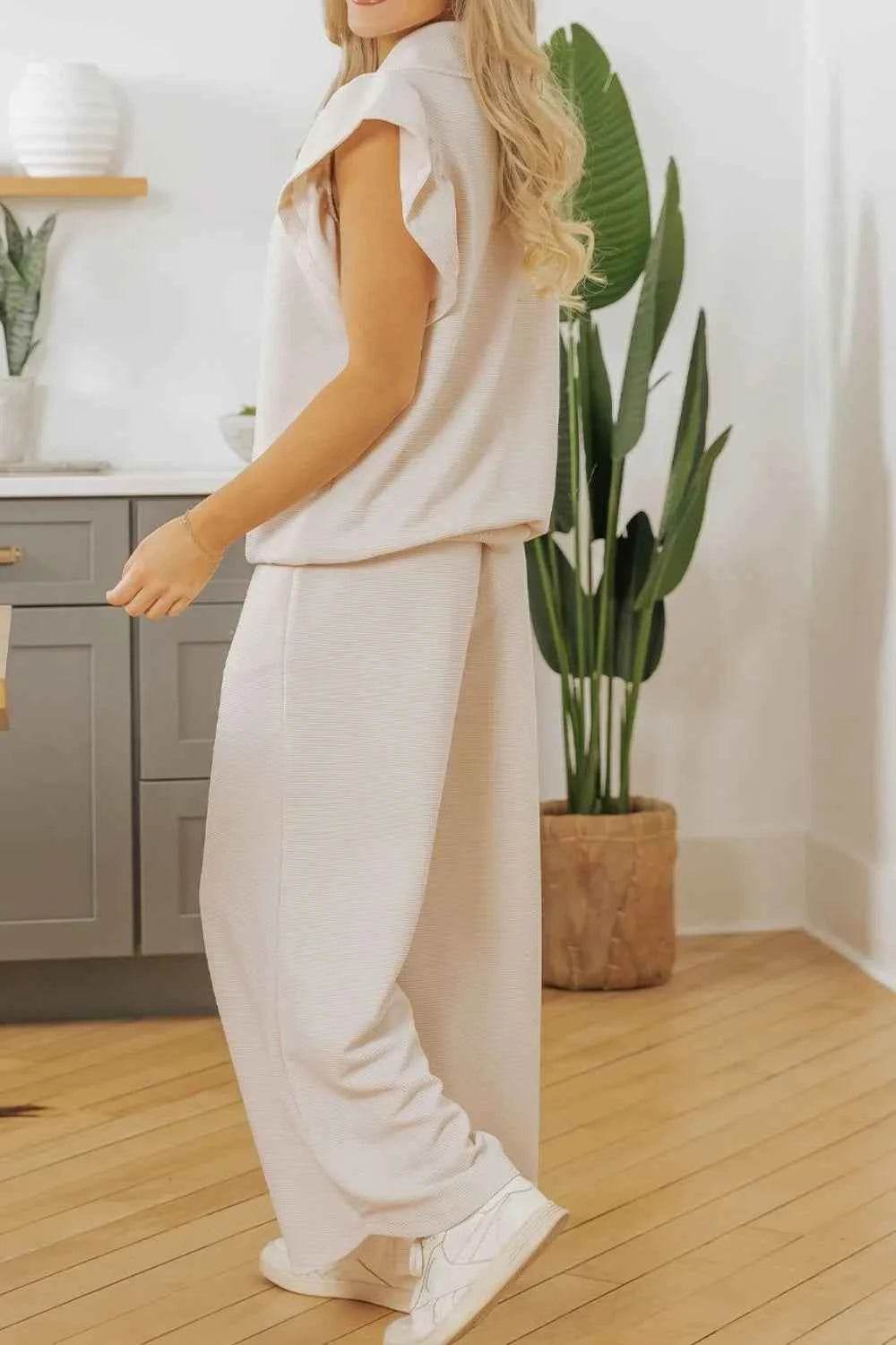 Textured Ruffled Sleeve Zipped Top & Wide Leg Pants Set - EBYNN