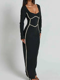 Contrast Trim Long Sleeve Bodycon Maxi Dress.