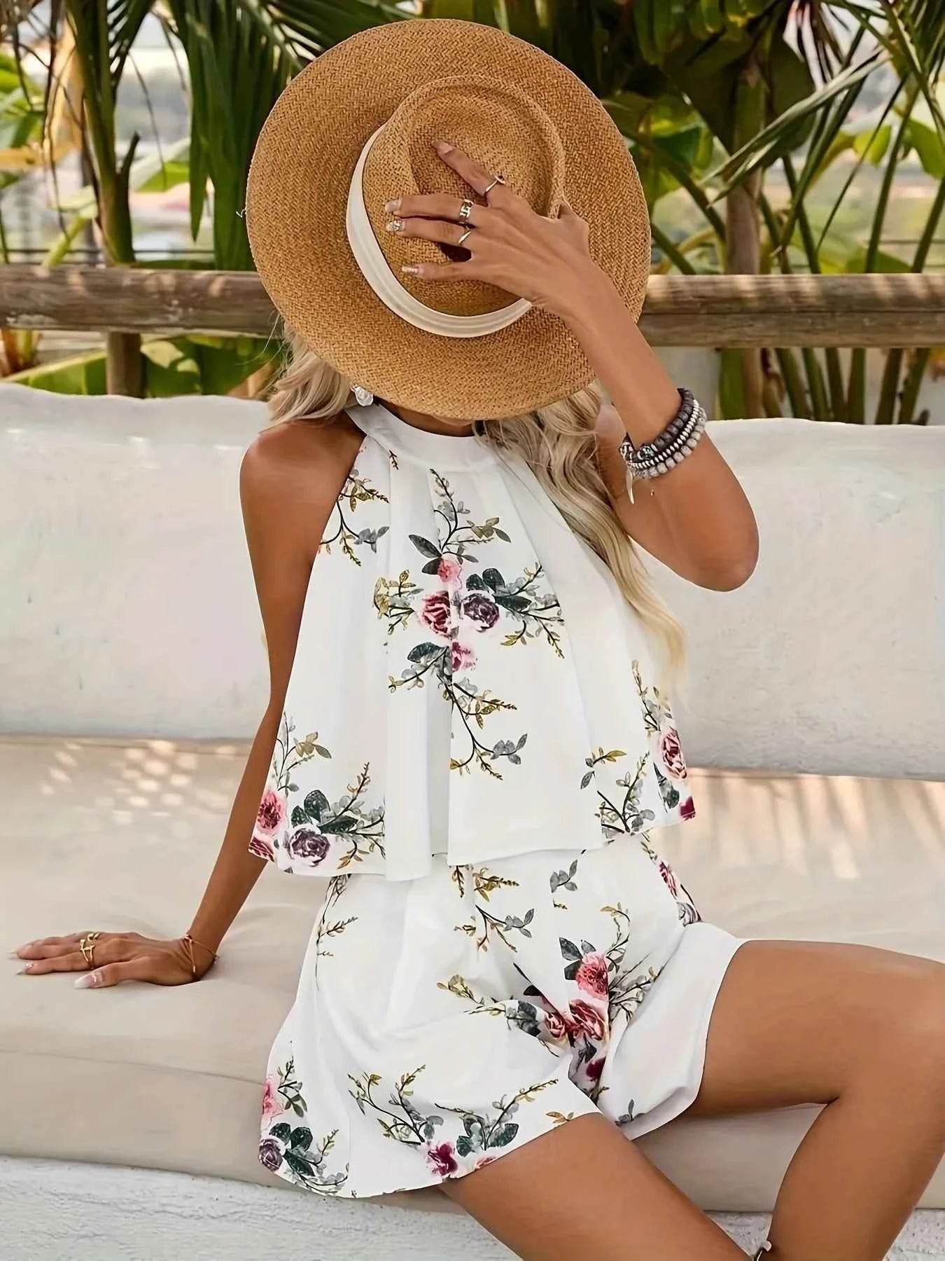 Floral Print Halter Neck Top & Shorts Two-Piece Set - EBYNN