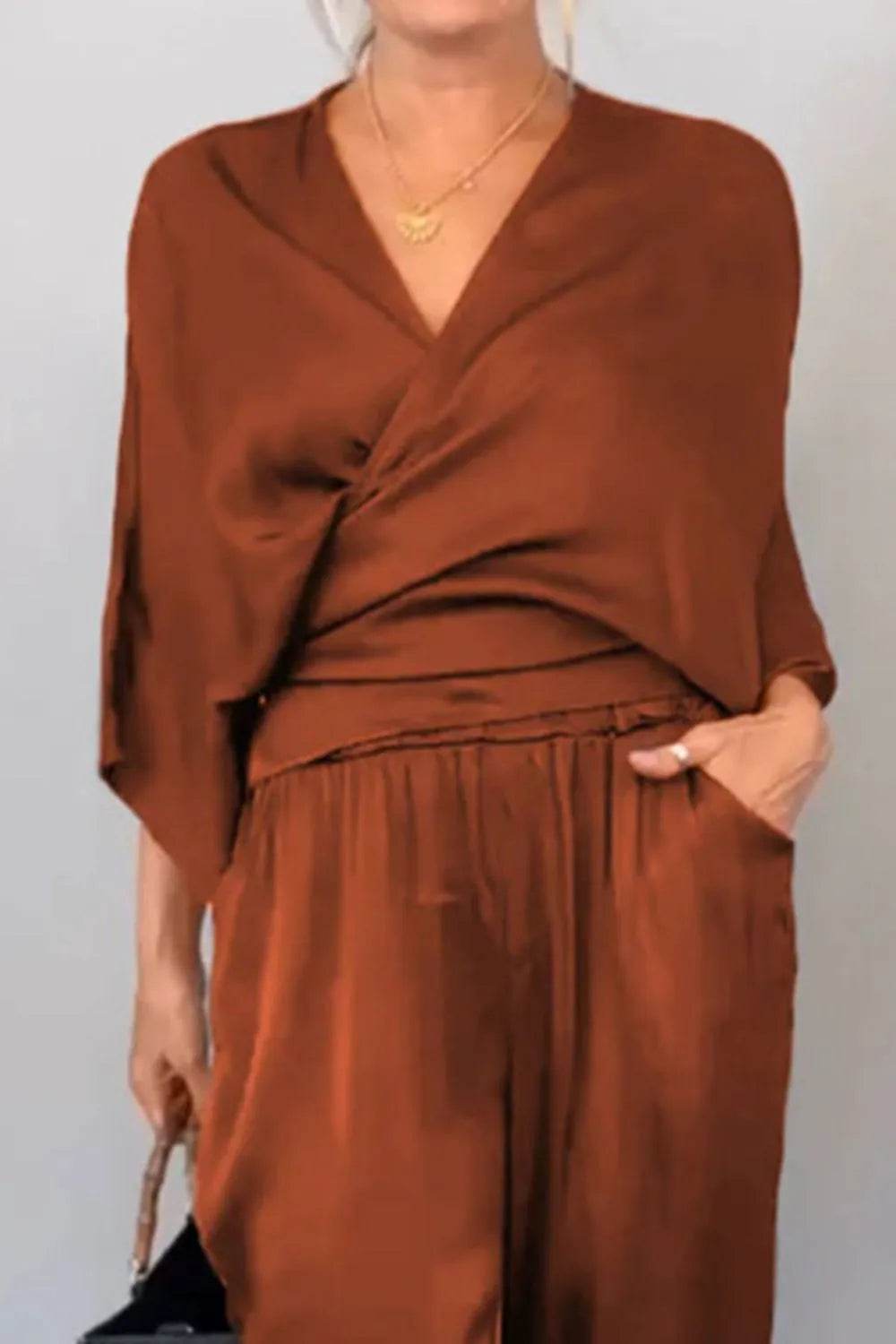 Plus Size Wrap Set - Stylish Surplice Top and Pants for Effortless Elegance - EBYNN