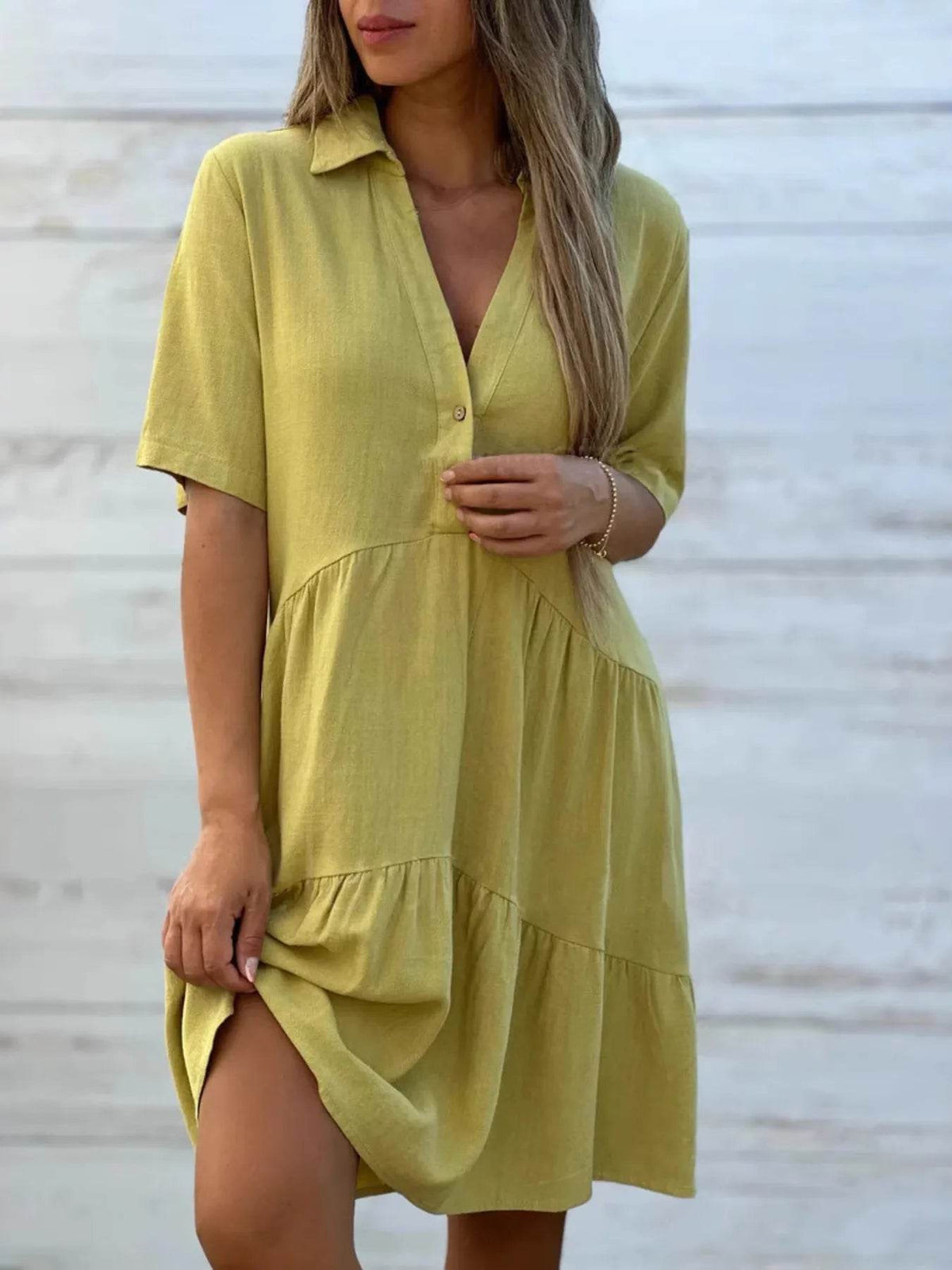 Plus Size Tiered Button-Front Short Sleeve Dress.